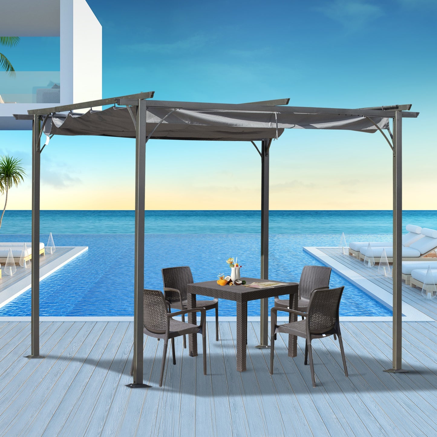 Outsunny 10' Outdoor Pergola Gazebo Garden Retractable Sun Shade Deck Lawn Covered Modern Square Canopy Backyard Patio BBQ Shelter Grey | Aosom Canada