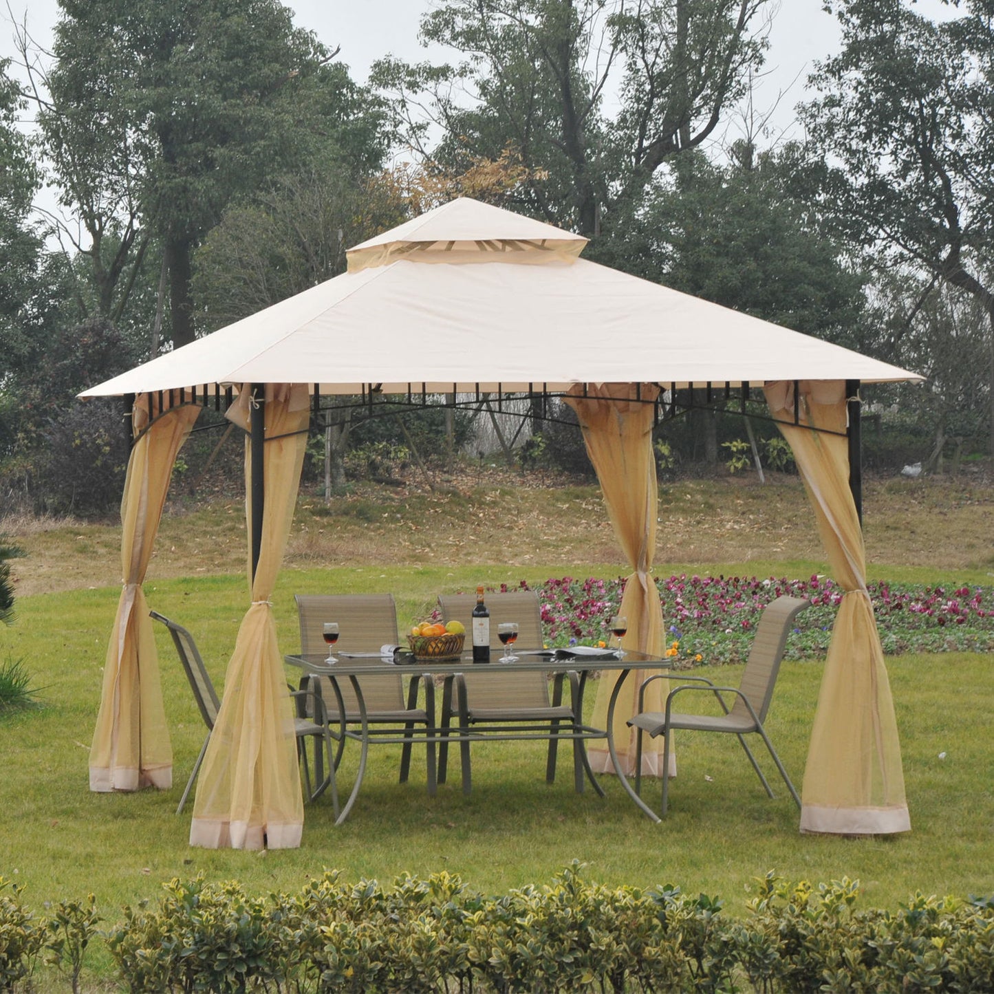 Outsunny 10x10ft Double Tier Garden Gazebo Canopy Sunshade Tent Water-Resistant Anti-UV Roof w/ Metal Frame and Mesh Sidewalls | Aosom Canada