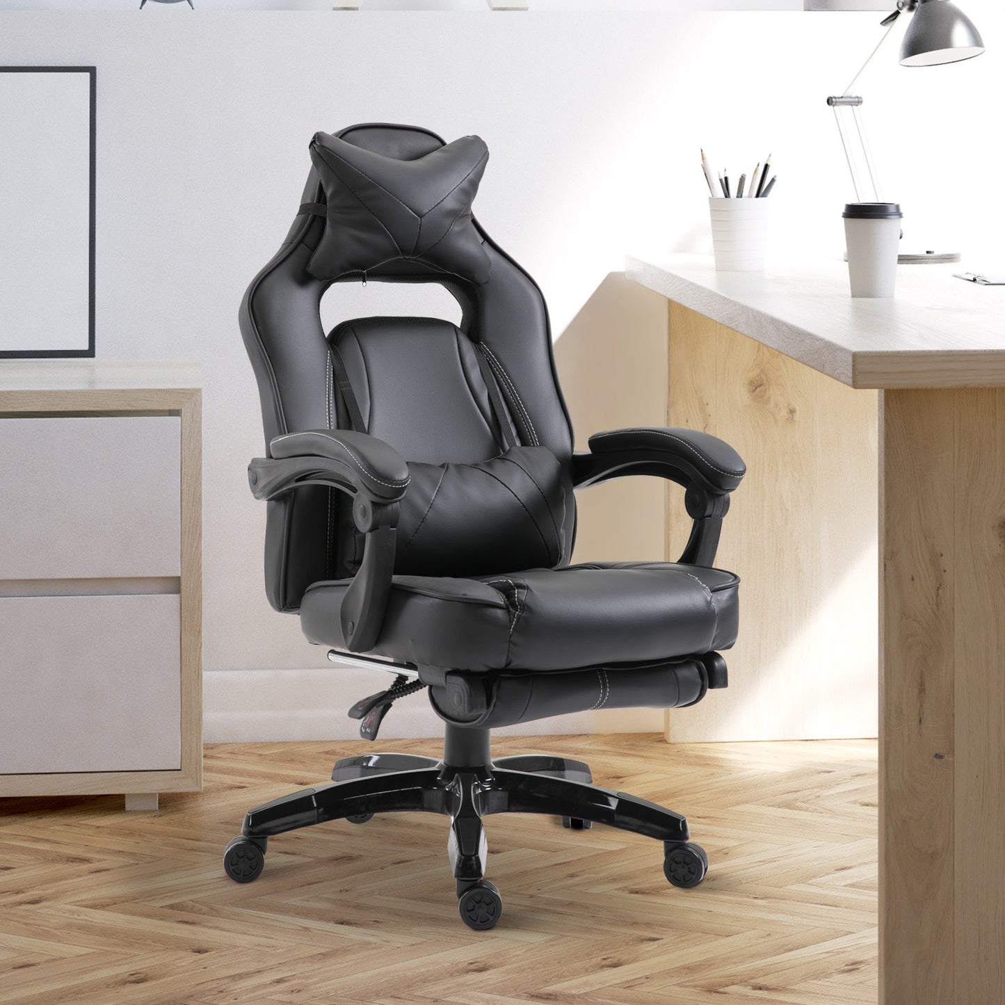 Vinsetto Ergonomic Office Chair High Back Racing Bucket Seat Headrest And Lumbar Cushion W/ Retractable Footrest Black | Aosom Canada
