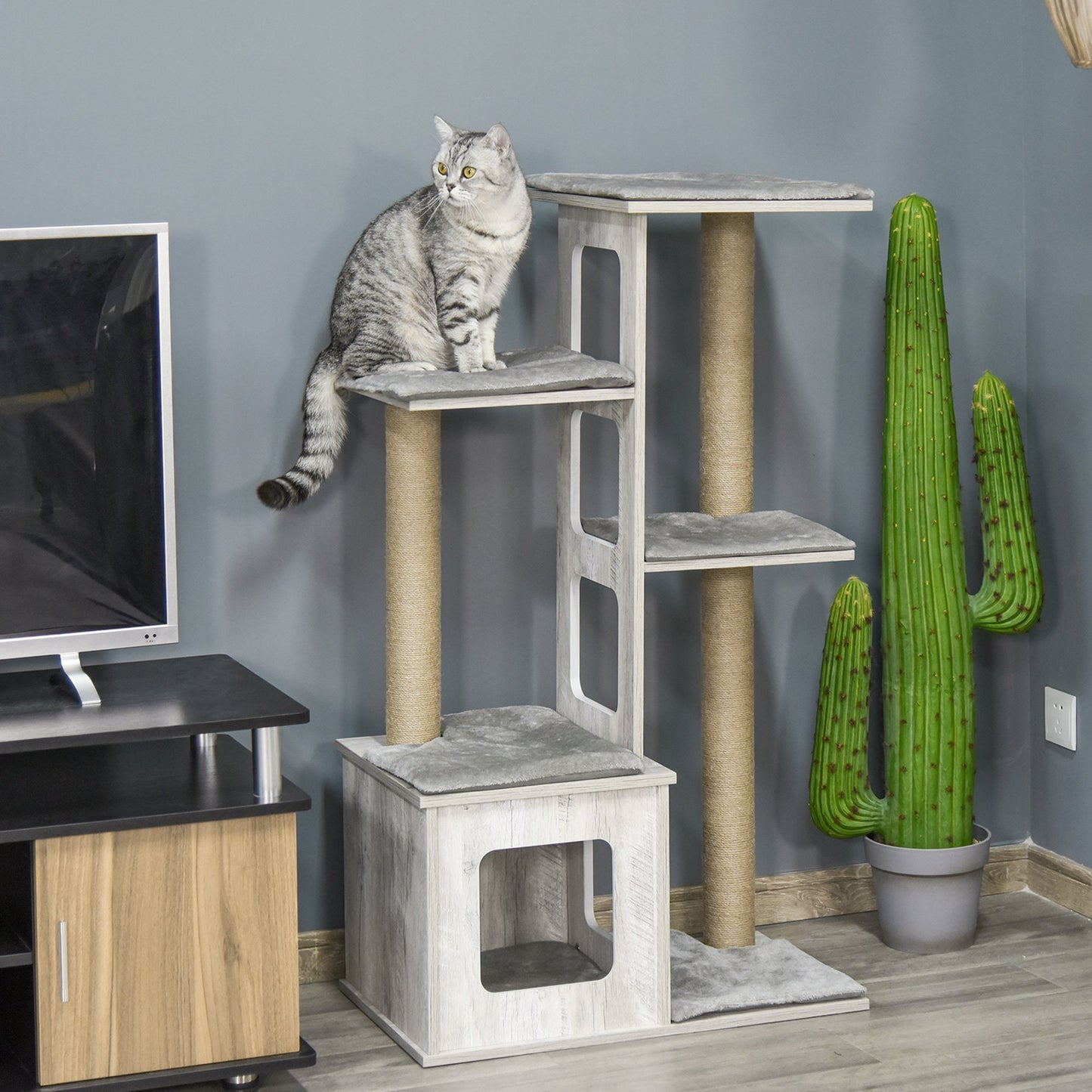PawHut 45" Deluxe Plush Cat Tree Tower Activity Center Climbing Frame Kitten Play House with Jute Scratching Posts Condo Perch Cushion | Aosom Canada