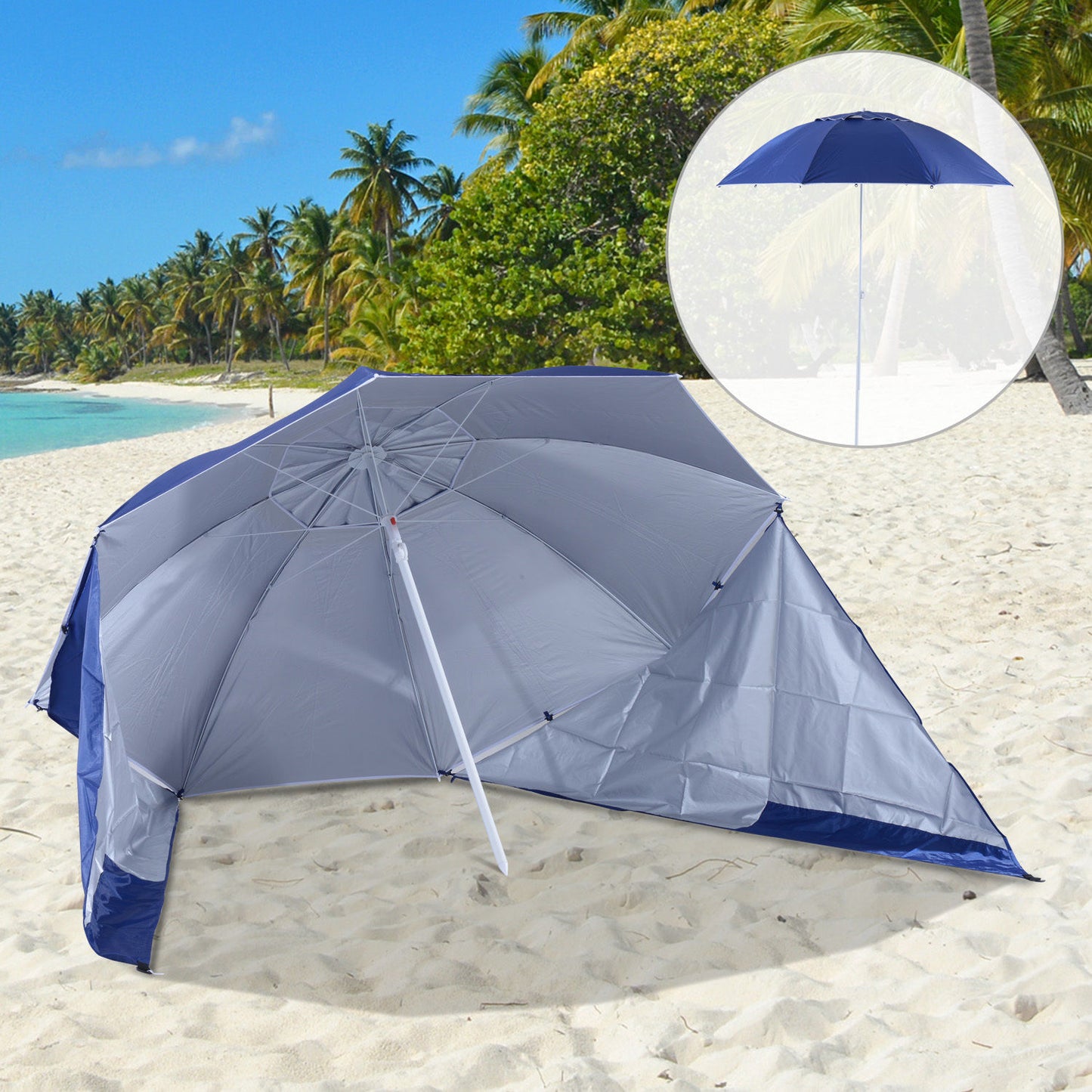 Outsunny 7.5ft 2-in-1 Umbrella Shelter Beach Sport Umbrella with Silver Coated UV50 Protection, Blue | Aosom Canada