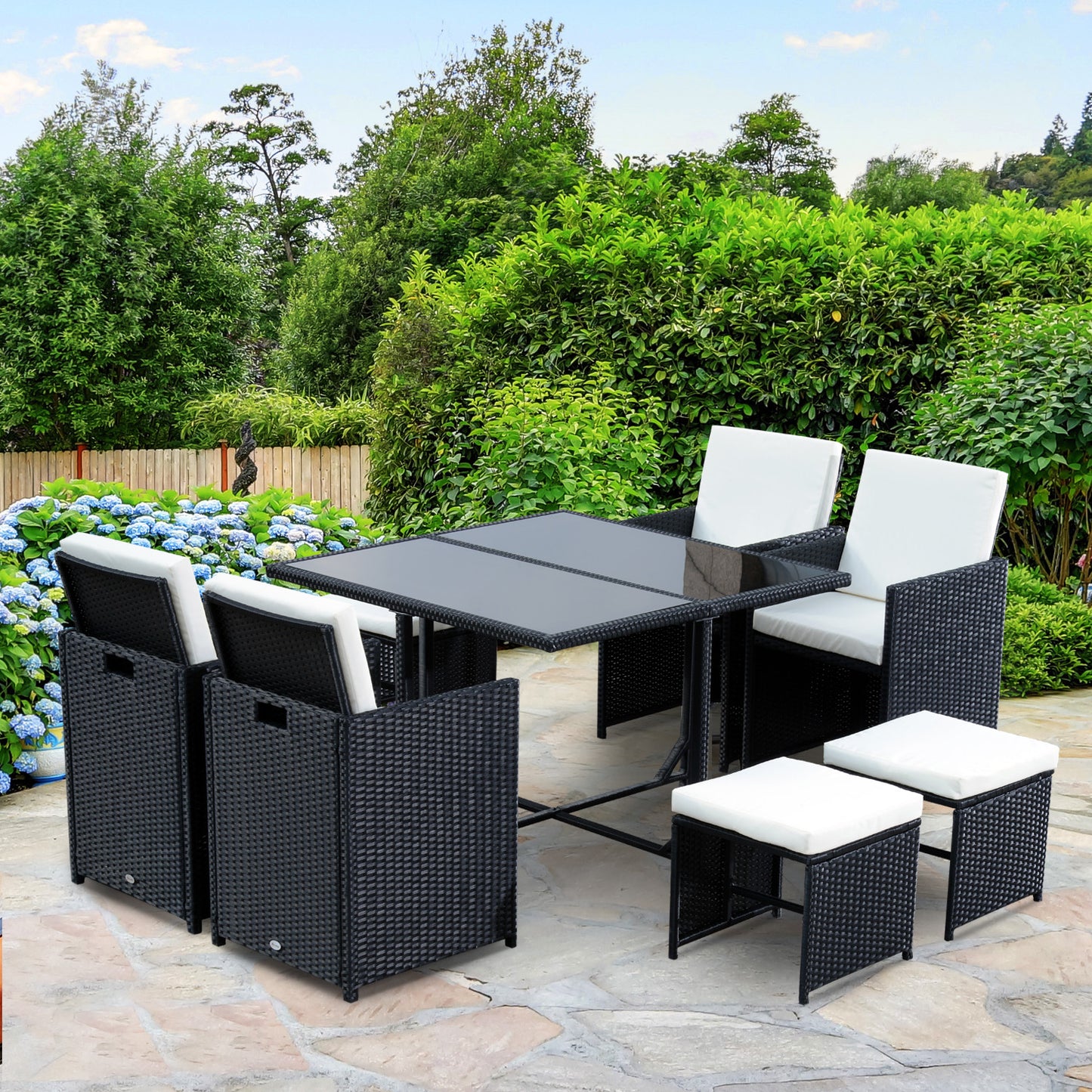 Outsunny 9 Piece Patio Wicker Dining Set Rattan Garden Sectional Sofa Outdoor Space-Saving Armchair & Ottoman Furniture Sets, White | Aosom Canada