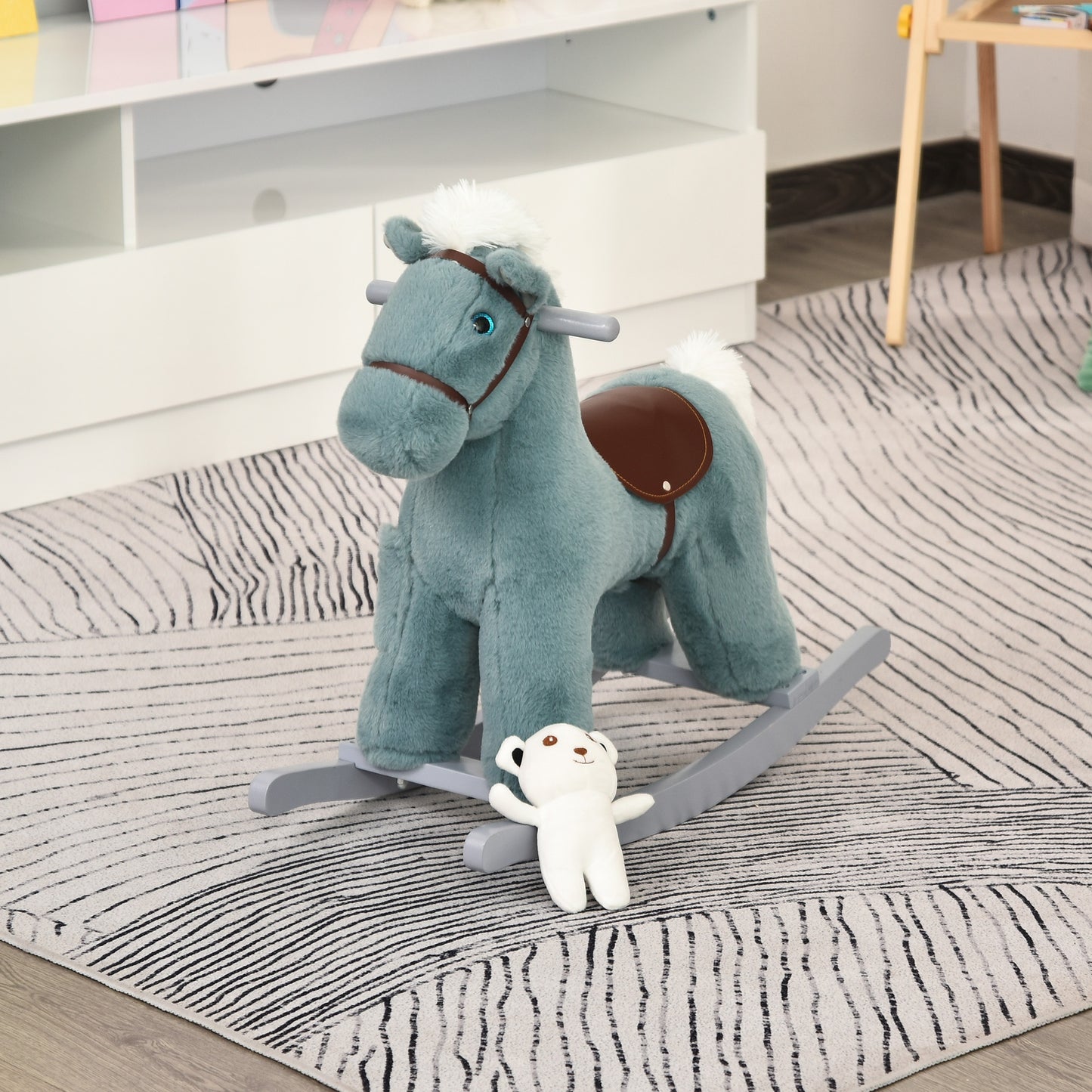 Qaba Kids Plush Ride-On Rocking Horse Toy Dinosaur Ride on Rocker w/ Plush Toy Realistic Sounds for Child 18-36 Months Blue | Aosom Canada