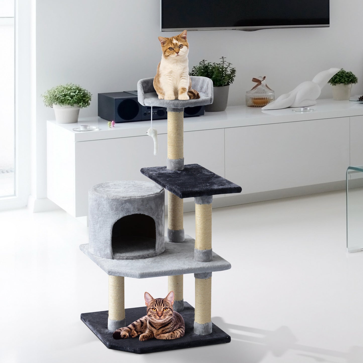 PawHut 39" Cat Scratching Tree Kitten Condo Playhouse Kitty Activity Center Rest Post Top Perch with Hanging Toy Grey | Aosom Canada