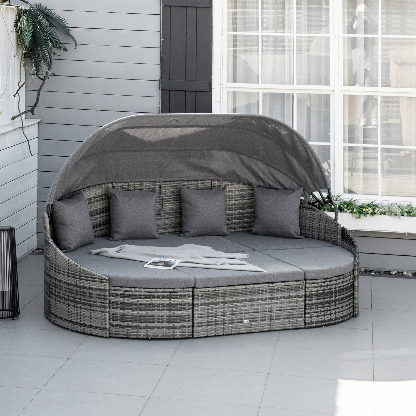 Outsunny 4 Pieces Patio PE Wicker Lounge Set, Round Sofa Bed with Canopy, Cushion, and Pillows | Aosom Canada