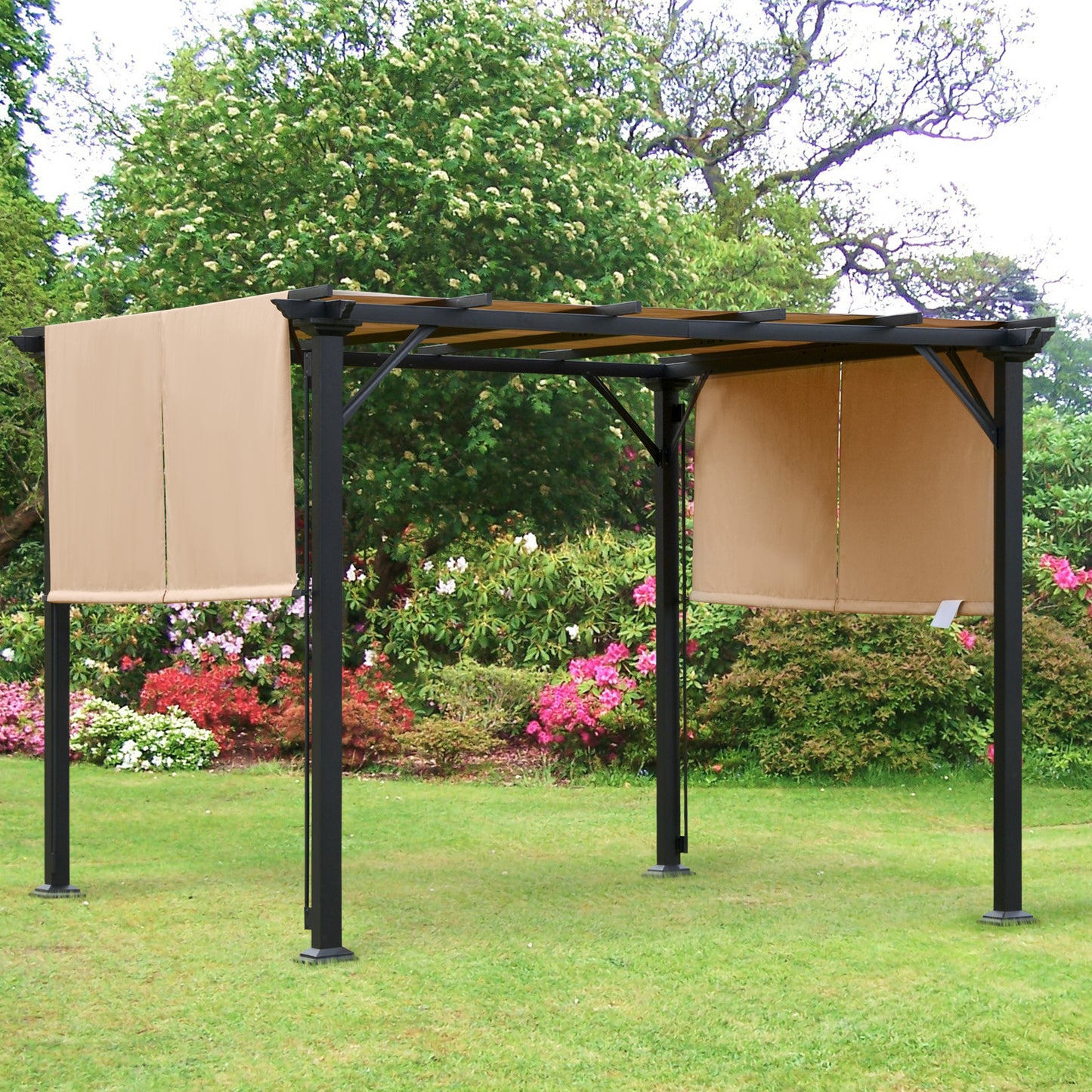 Outsunny 10' x 10' Outdoor Patio Gazebo Pergola with Retractable Canopy Roof, Steel Frame with Stakes, Unique Design, Brown | Aosom Canada