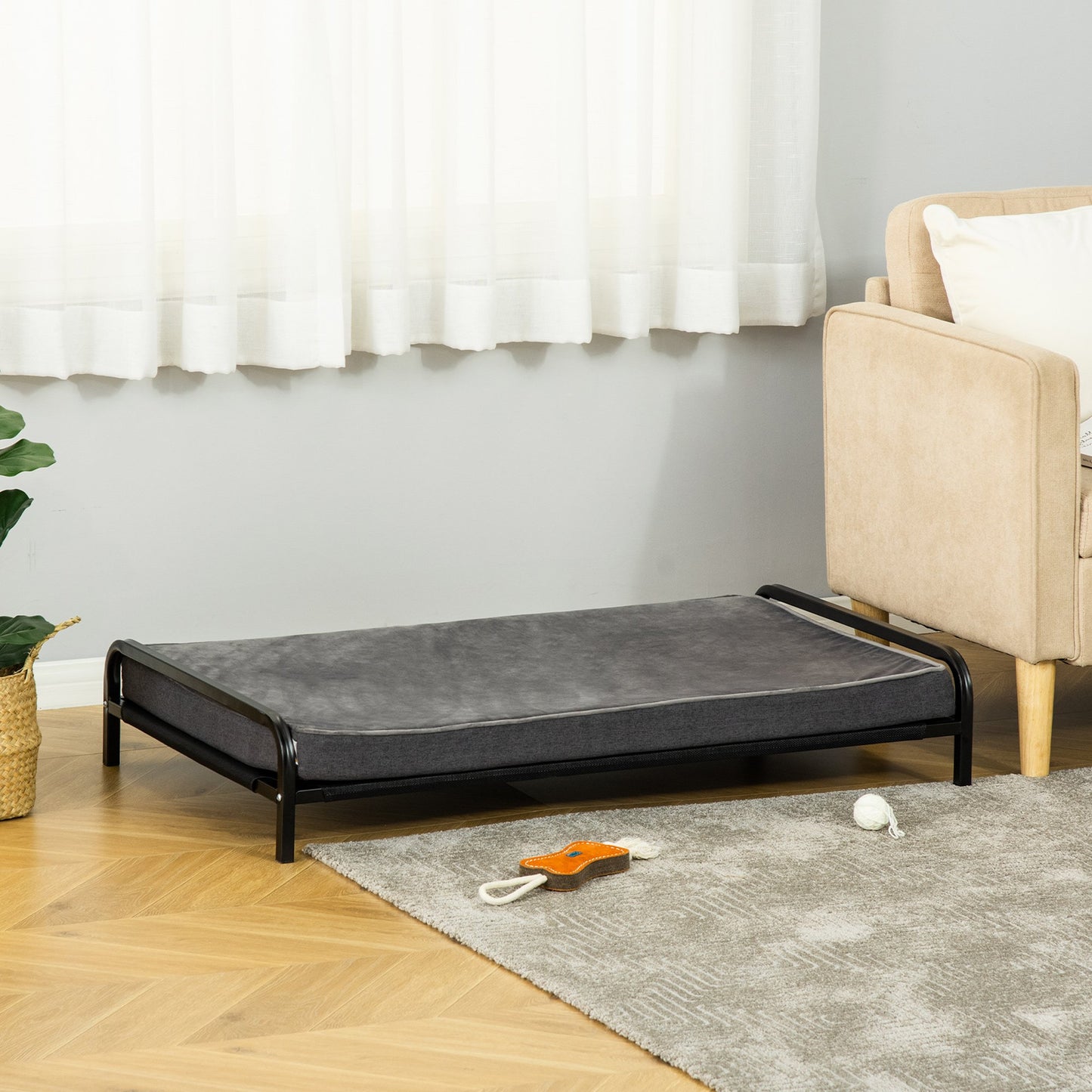 PawHut 2-IN-1 Elevated Pet Bed for Large & Medium-Sized Dog Steel Frame Removable Sponge Cushion Breathable Linen Fabric, Grey | Aosom Canada