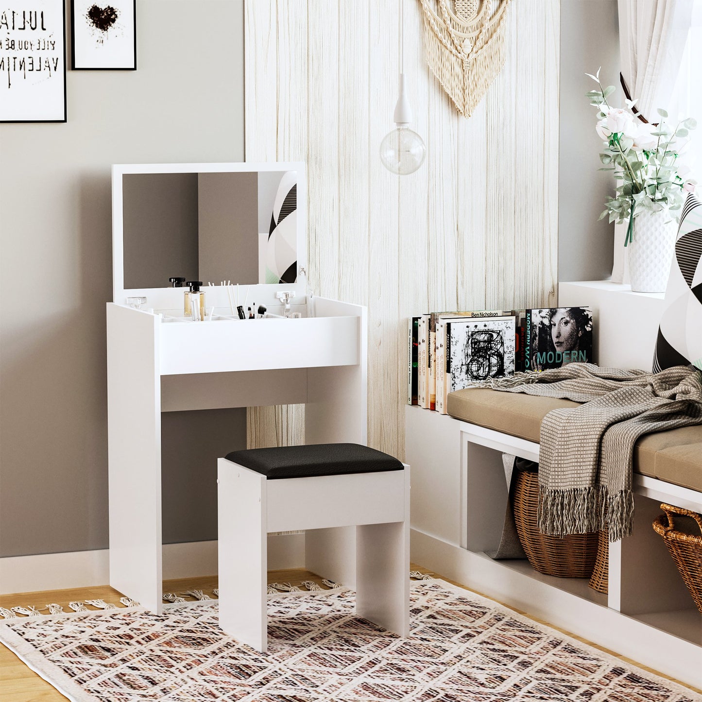 Homcom White Makeup Vanity Dressing Table With Mirror Vanity Set Stool Set Makeup Desk With Flip Top Bedroom Furniture White | Aosom Canada