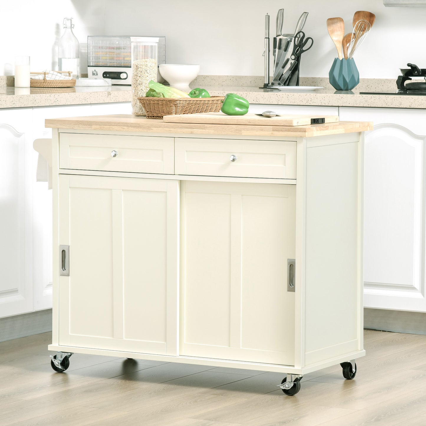 HOMCOM Rolling Kitchen Island, Kitchen Cart on Wheels with Rubberwood Top, 2 Drawers, Towel Rack, Cream White | Aosom Canada