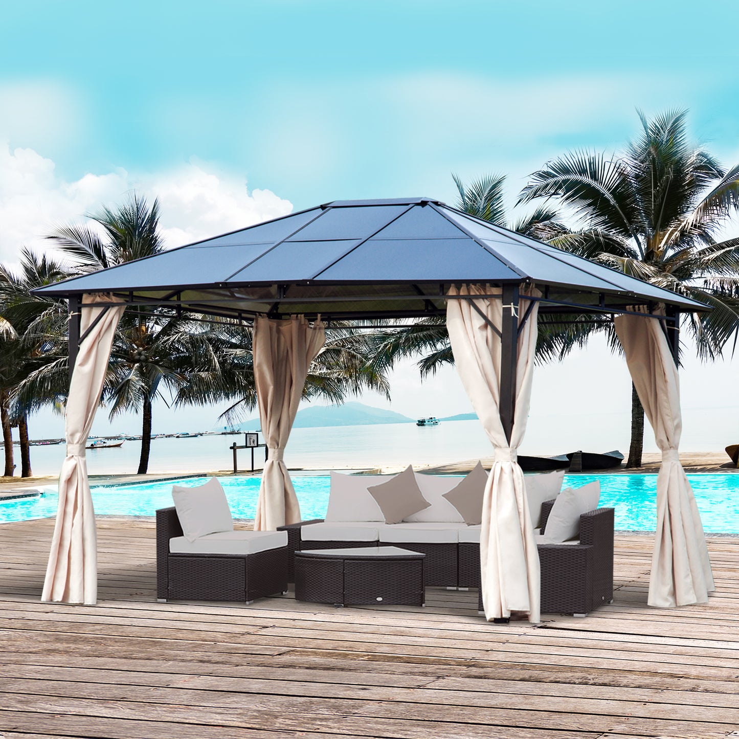 Outsunny 10'x12' Outdoor Hard Top Gazebo Polycarbonate Panel Garden Duluxe Pavilion Shelter Canopy BBQ Sunshade with Removable Curtains | Aosom Canada