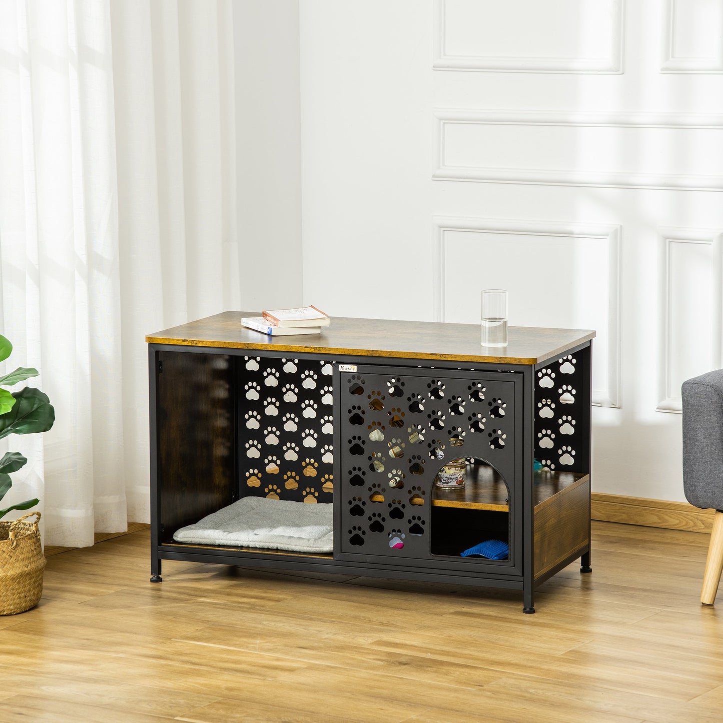 PawHut Wooden Cat House End Table Furniture Style Kitty Shelter Bed with Washable Cushion Hideaway Cabinet, Rustic Brown | Aosom Canada