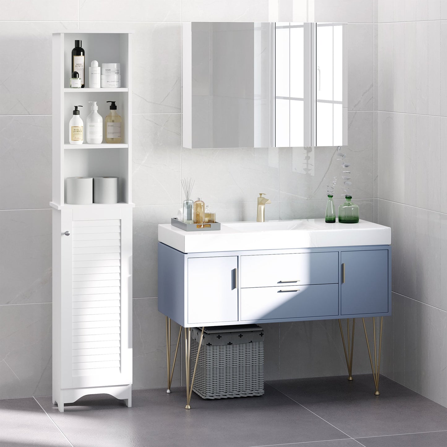 HOMCOM Tall Bathroom Storage Cabinet, Freestanding Linen Tower with 3-Tier Open Adjustable Shelf and Cupboard, White | Aosom Canada