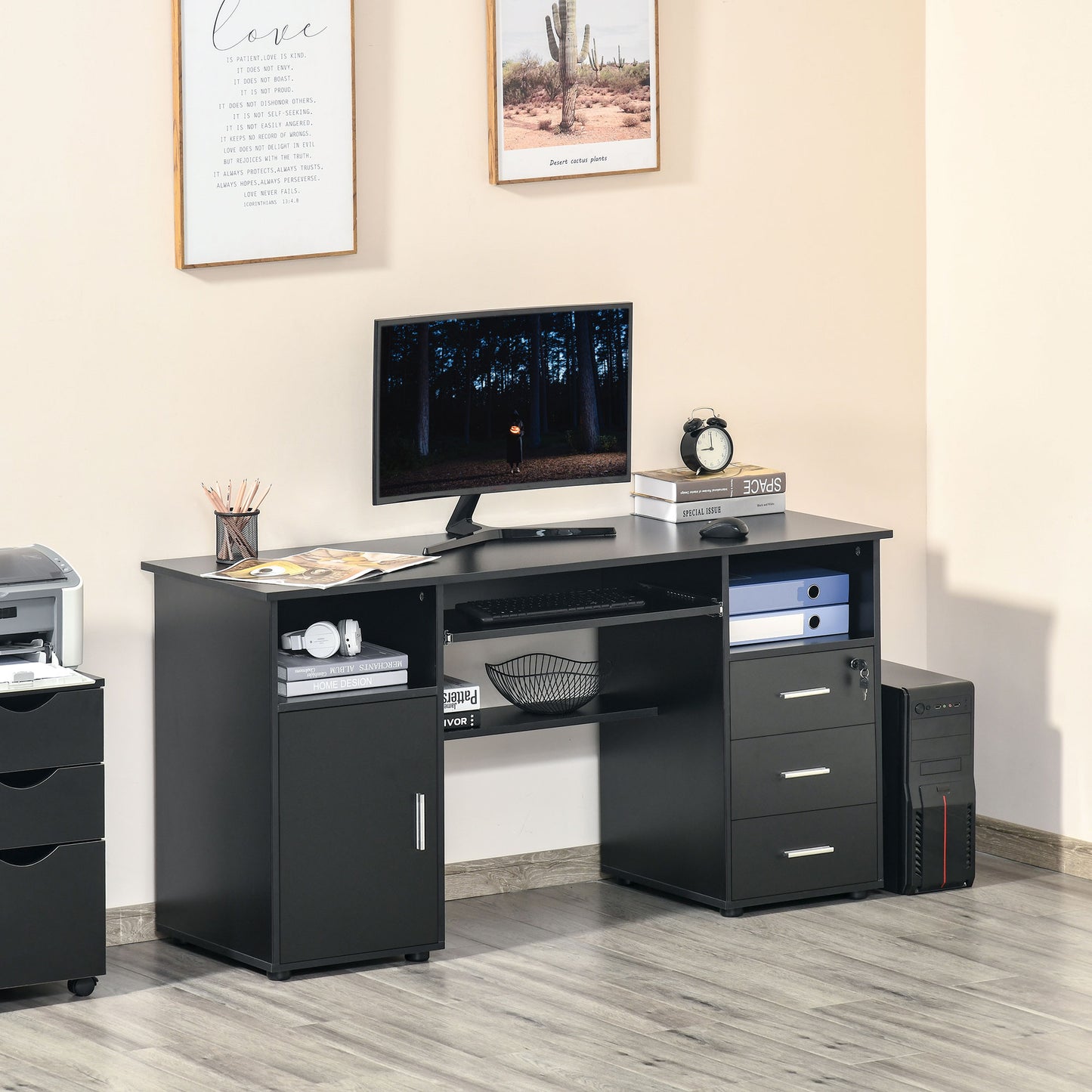 HOMCOM Computer Desk with Keyboard Tray and Drawers, Writing Desk, Home Office Workstation, Black | Aosom Canada