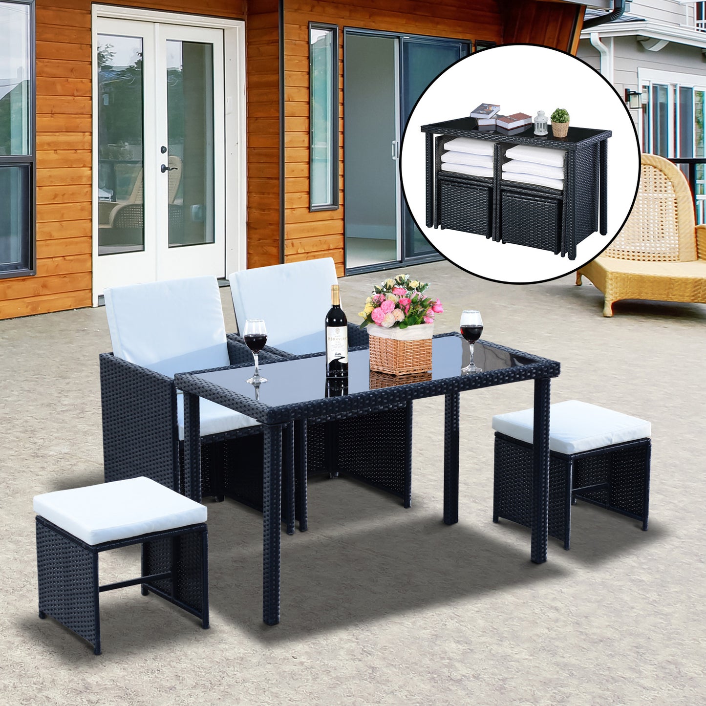 Outsunny 5pc Rattan Wicker Dining Set Outdoor Sofa Table Ottoman Set Space Saving Patio Furniture w/ Cushion, Black | Aosom Canada