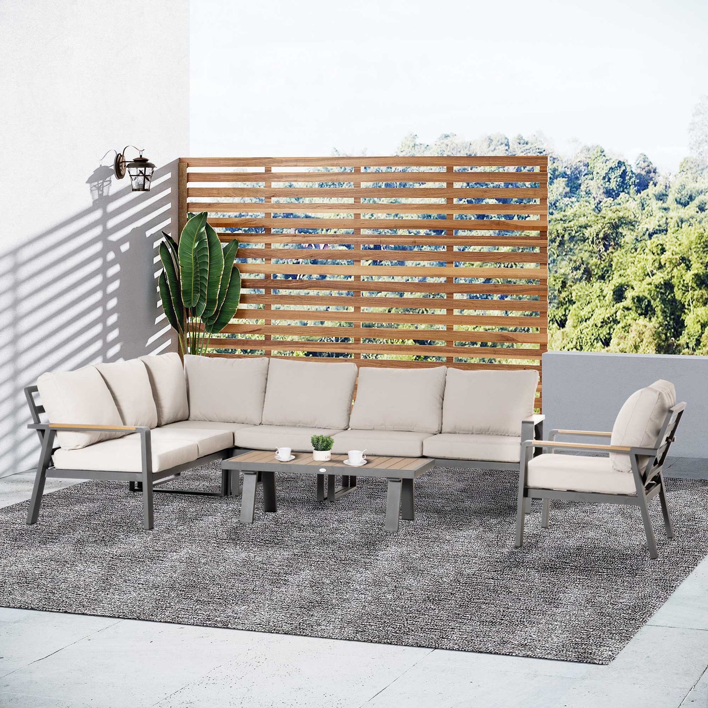 Outsunny 6-Piece L-shaped Patio Furniture Set for 7, Aluminium Conversation Set Sectional Corner Sofa Set, Cream White | Aosom Canada