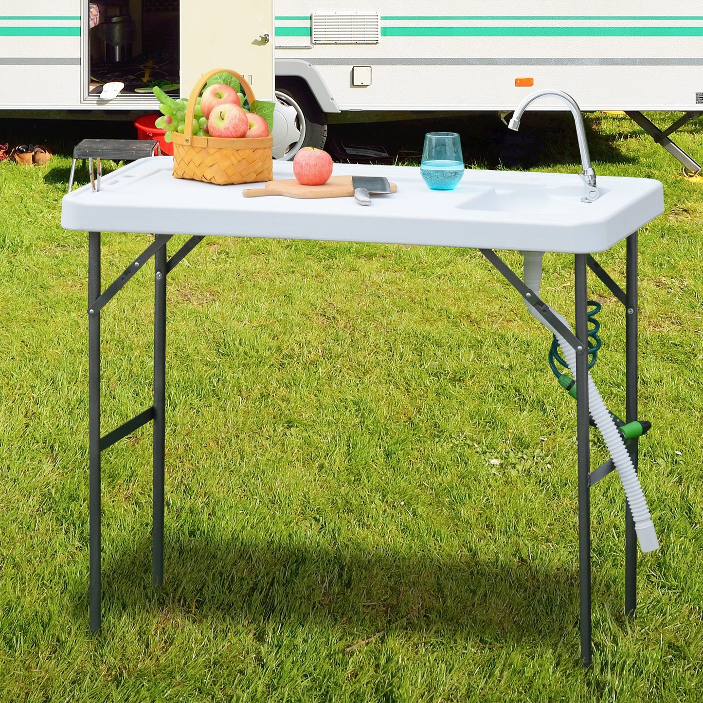 Outsunny Outdoor Folding Table with Sink and Faucet Organized Fishing Table for BBQ Camping Picnic Garden White | Aosom Canada
