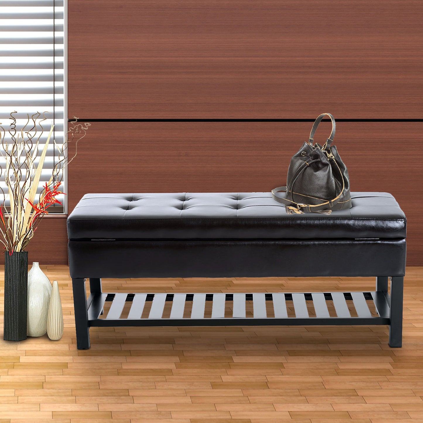 HOMCOM 44” Faux Leather Tufted Shoe Rack Storage Ottoman Canada Bench Brown | Aosom Canada
