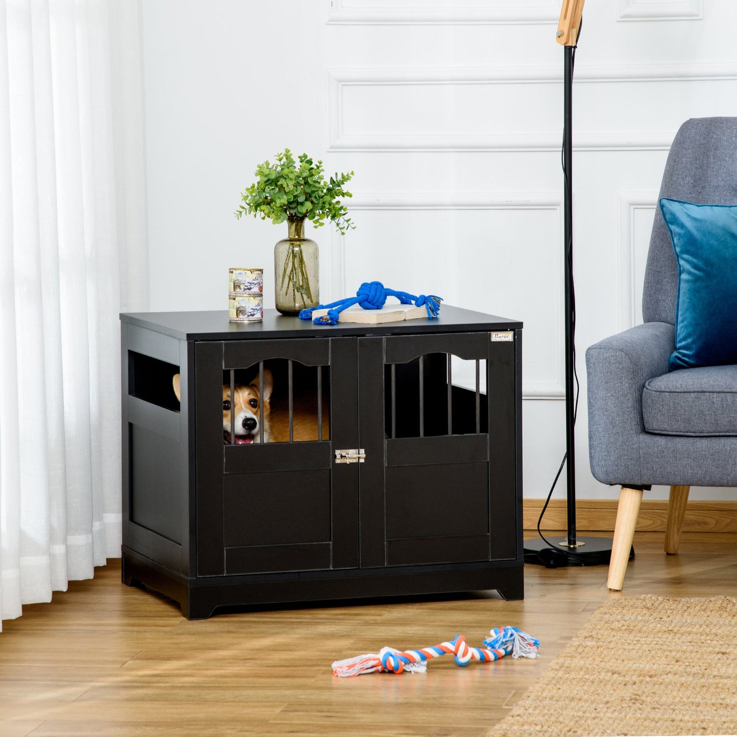 PawHut 29.5" Wooden Dog Cage with Windows, End Table Furniture Style, Modern Pet Kennel with Lockable Doors Elevated Base, Black | Aosom Canada