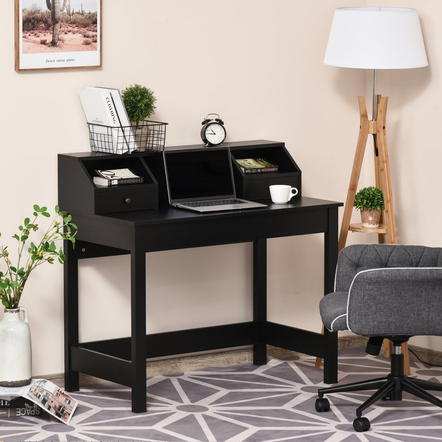 HOMCOM Rectangle Computer Desk with Display Shelves Drawers Home Office Table Workstation Black Wood Grain | Aosom Canada