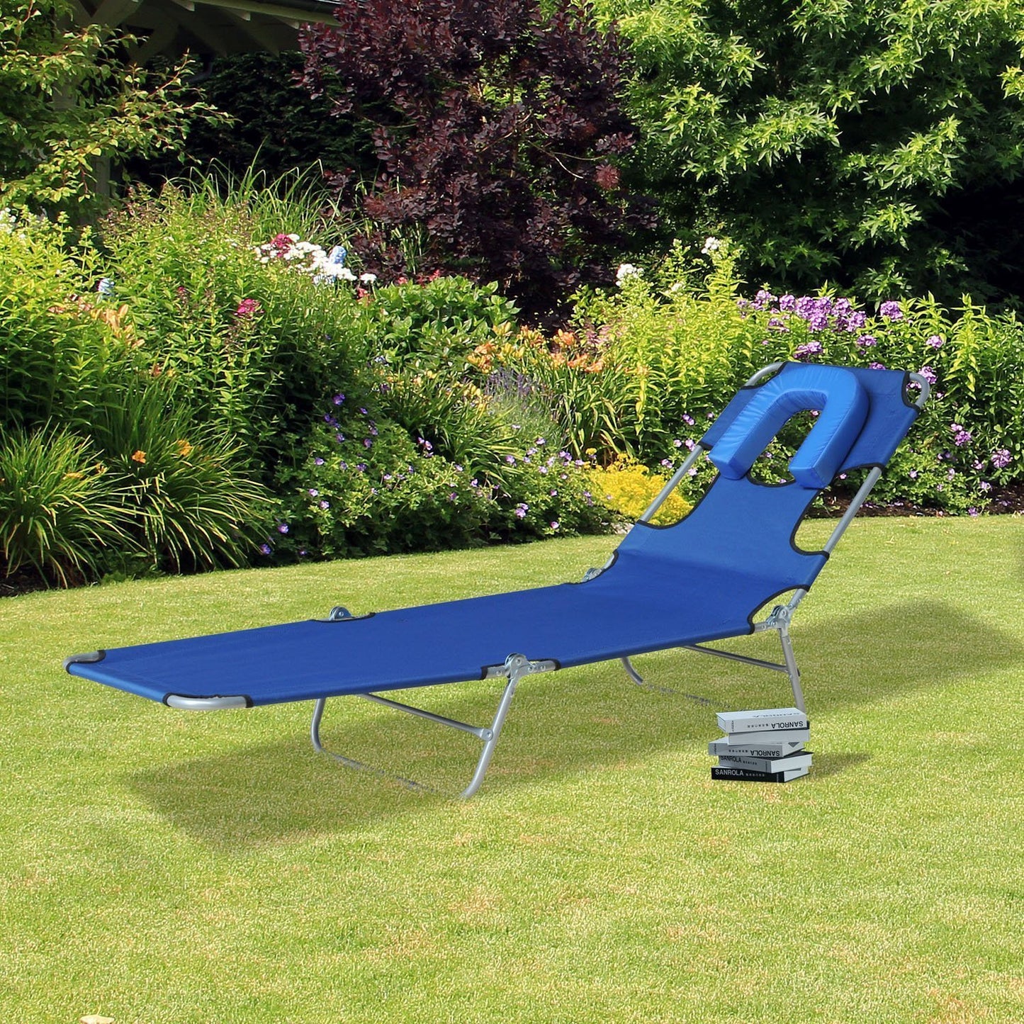 Outsunny Folding Adjustable Chaise Lounge w/ Face Cavity Outdoor Beach Camping Sun Lounger Bed Recliner (Blue) | Aosom Canada