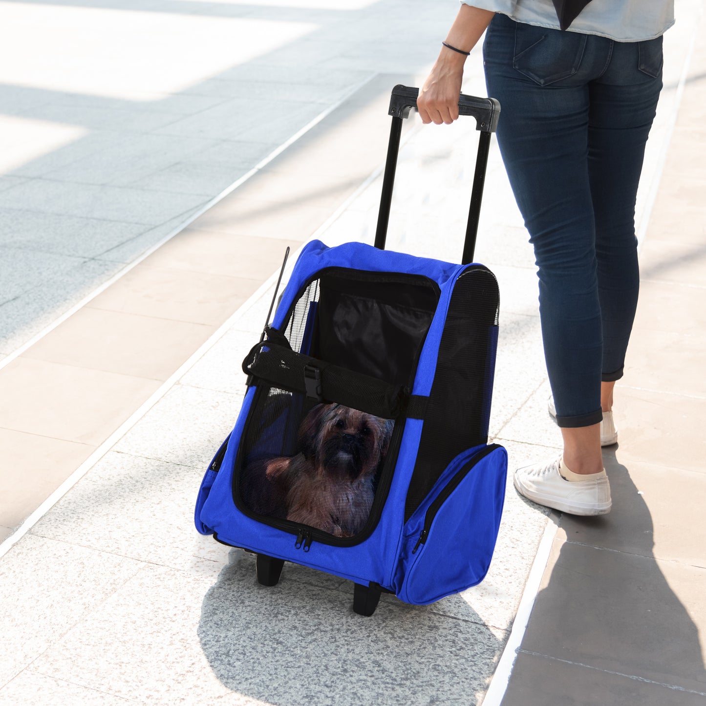 PawHut 4-IN-1 Pet Luggage Box Carrier Cat Dog Backpack Crate Rolling Wheel w/ Removable Stand Blue | Aosom Canada