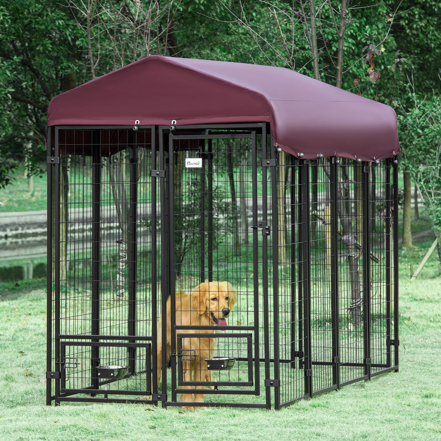 PawHut Outdoor Dog Kennel, Lockable Pet Playpen Crate, Welded Wire Steel Fence, with UV-Resistant Canopy, 8ftx4ftx6ft, Red | Aosom Canada