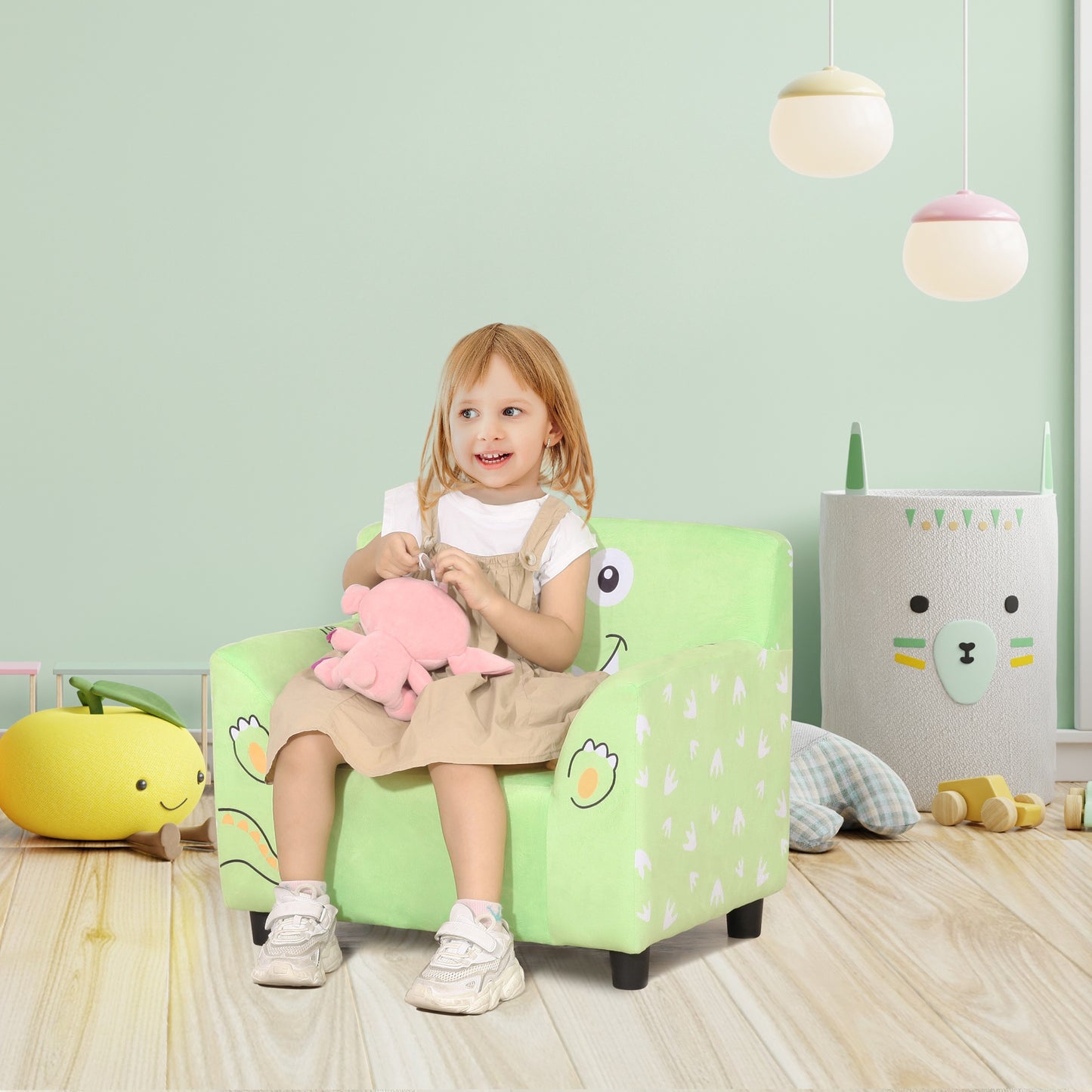 Qaba Kids Sofa, Armrest Chair for Preschool, Toddler Couch for Kids Room, Super-soft Velvet, Eucalyptus Wood, Green | Aosom Canada