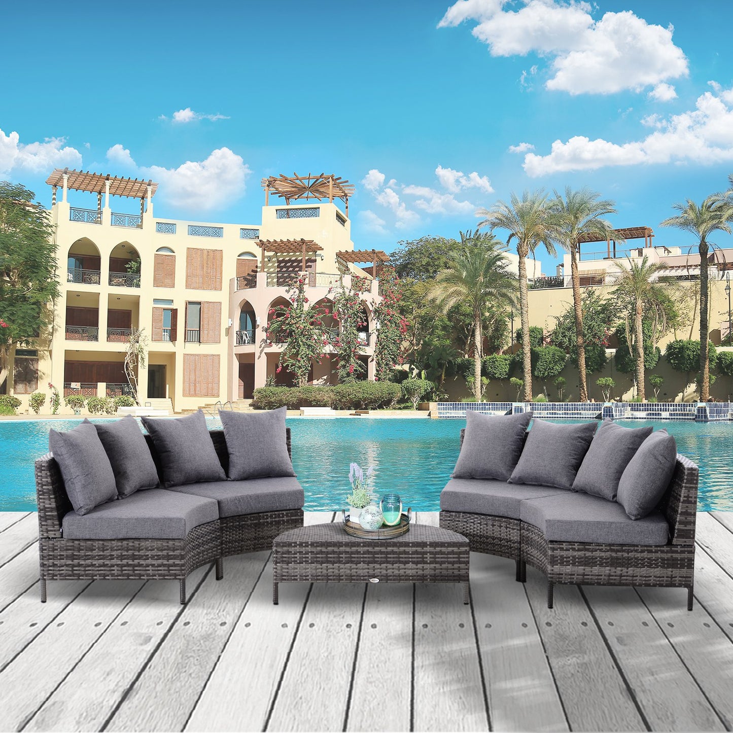 Outsunny 5PC Outdoor Patio Furniture Set Garden Rattan Wicker Sofa Cushioned Half-Moon Seat Deck w/ Pillow Grey | Aosom Canada
