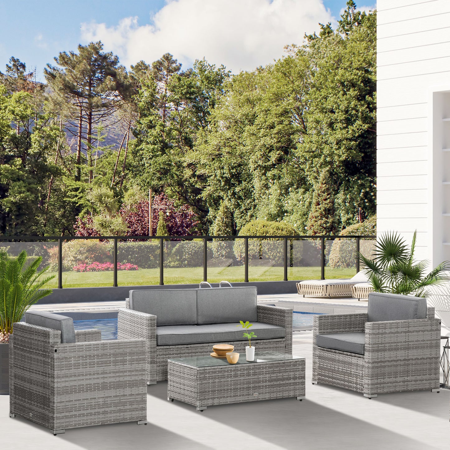 Outsunny 4 Pieces Patio Wicker Sofa Set, Outdoor PE Rattan Extra Wide Seat Conversation Furniture w/ Tempered Glass Top, Mixed Grey | Aosom Canada
