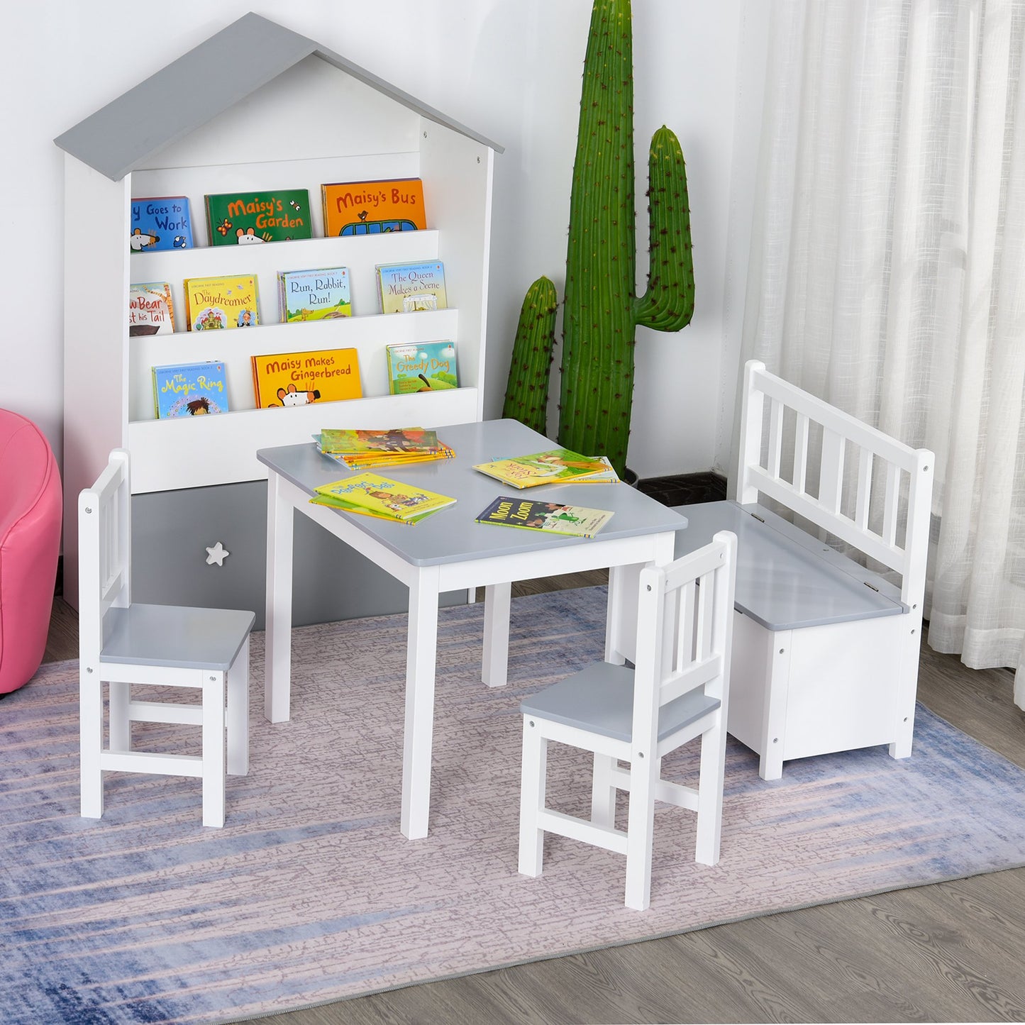 Qaba 4-Piece Set Kids Wood Table Chair Bench w/ Storage Function Easy to Clean Gift for Girls Boys Toddlers Age 3 Years up | Aosom Canada