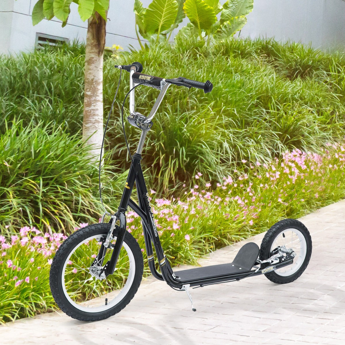 HomCom Adjustable Teen Kick Scooter Child Pro Stunt Scooter Ride On Speeder Kids Street Bike 16" Inflatable Tire Black | Aosom Canada