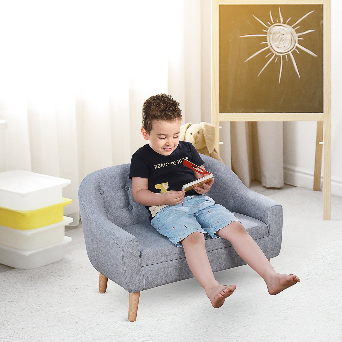 Qaba 2-Seat Linen Fabric and Wooden Frame Sofa for Kids and Toddlers Ages 3-6, 11" High Seat, Grey | Aosom Canada