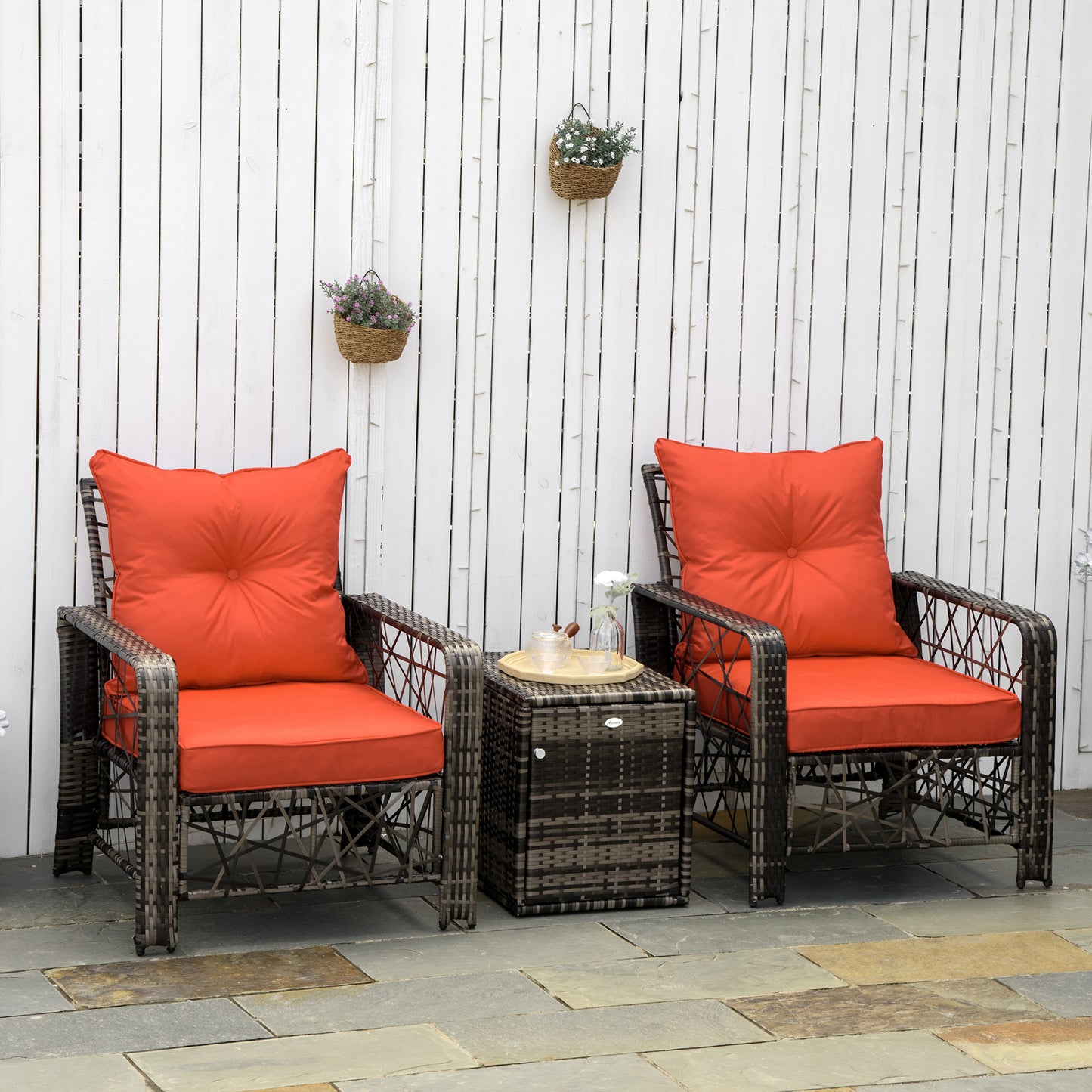 Outsunny 3 PCS Patio Wicker Coffee Table Set Bistro Conversation Furniture with Cushion & Storage Function Patio Yard Porch Red | Aosom Canada