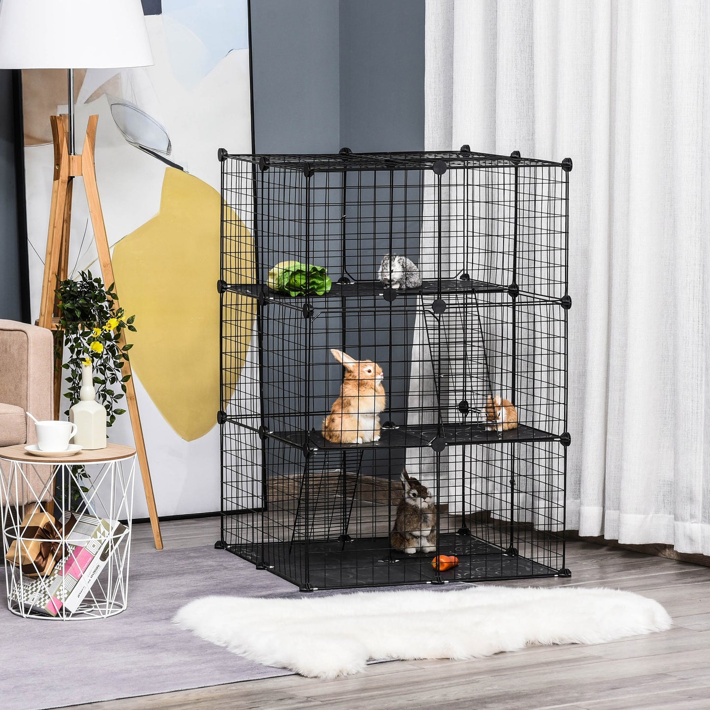 PawHut 3-Tier DIY Pet Playpen Small Animal Cage Bunny Hutch Portable Metal Wire with Ramps for Kitten Bunny Chinchilla Pet Mink Black | Aosom Canada