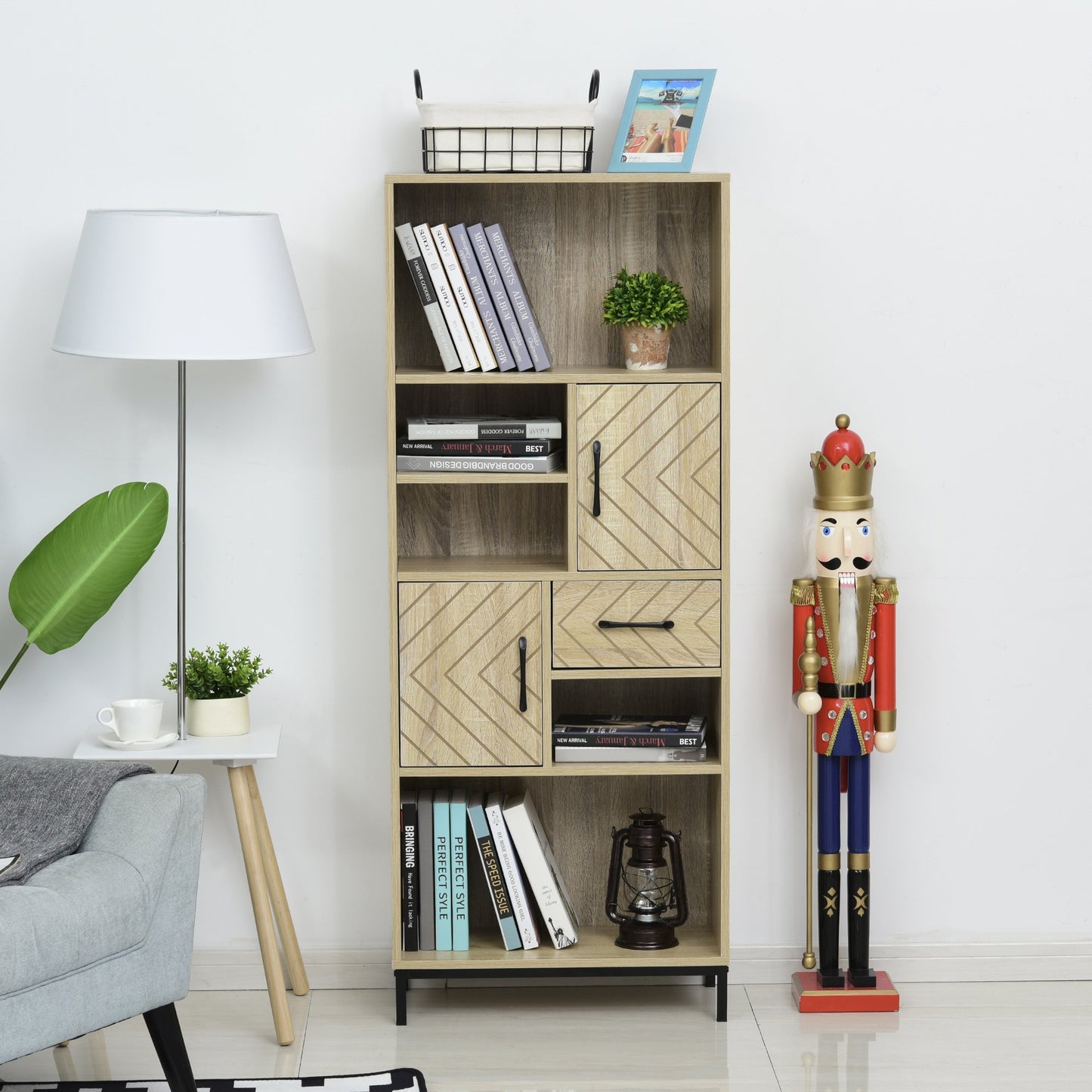 HOMCOM 59" Wooden Bookcase With Door Cabinets Drawer Open Compartments Freestanding Display Shelf Organizer for Home and Office | Aosom Canada