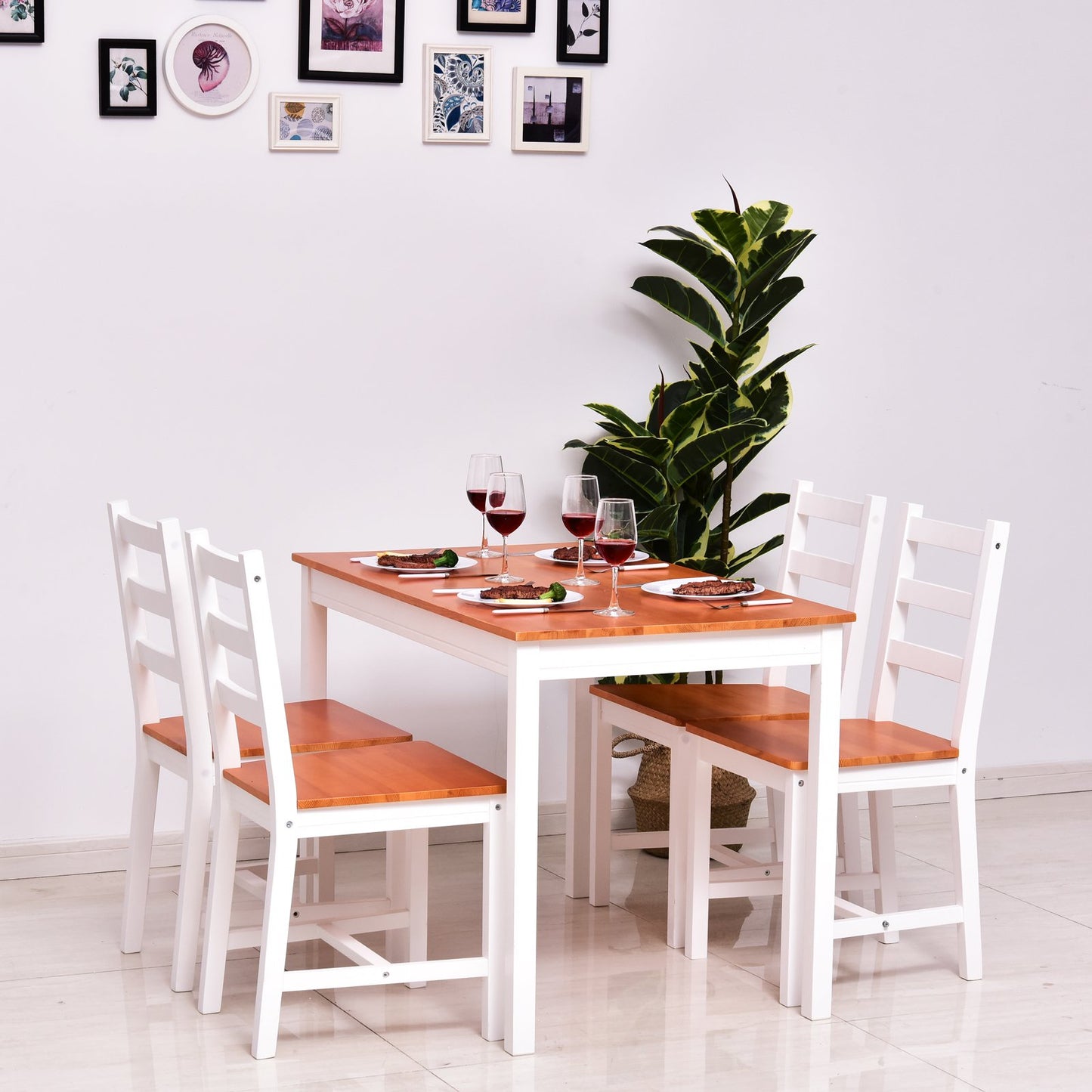 HOMCOM 5 Piece Solid Pine Wood Table and High Back Chair Dining Set - White/Natural Wood | Aosom Canada