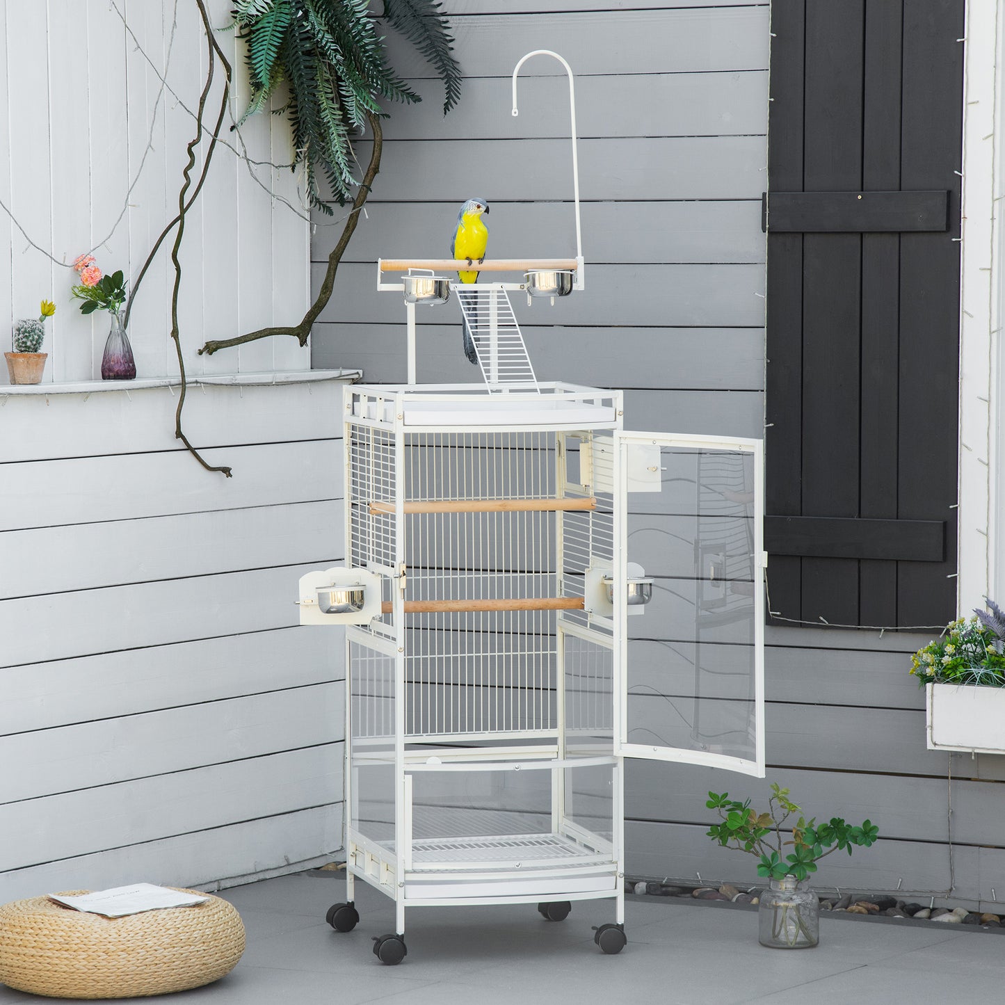 PawHut 54 Inch Bird Cage Parakeet House for finches, budgies with Wheels, Pull Out Tray, Play Top, Wood Perches, Food Containers | Aosom Canada