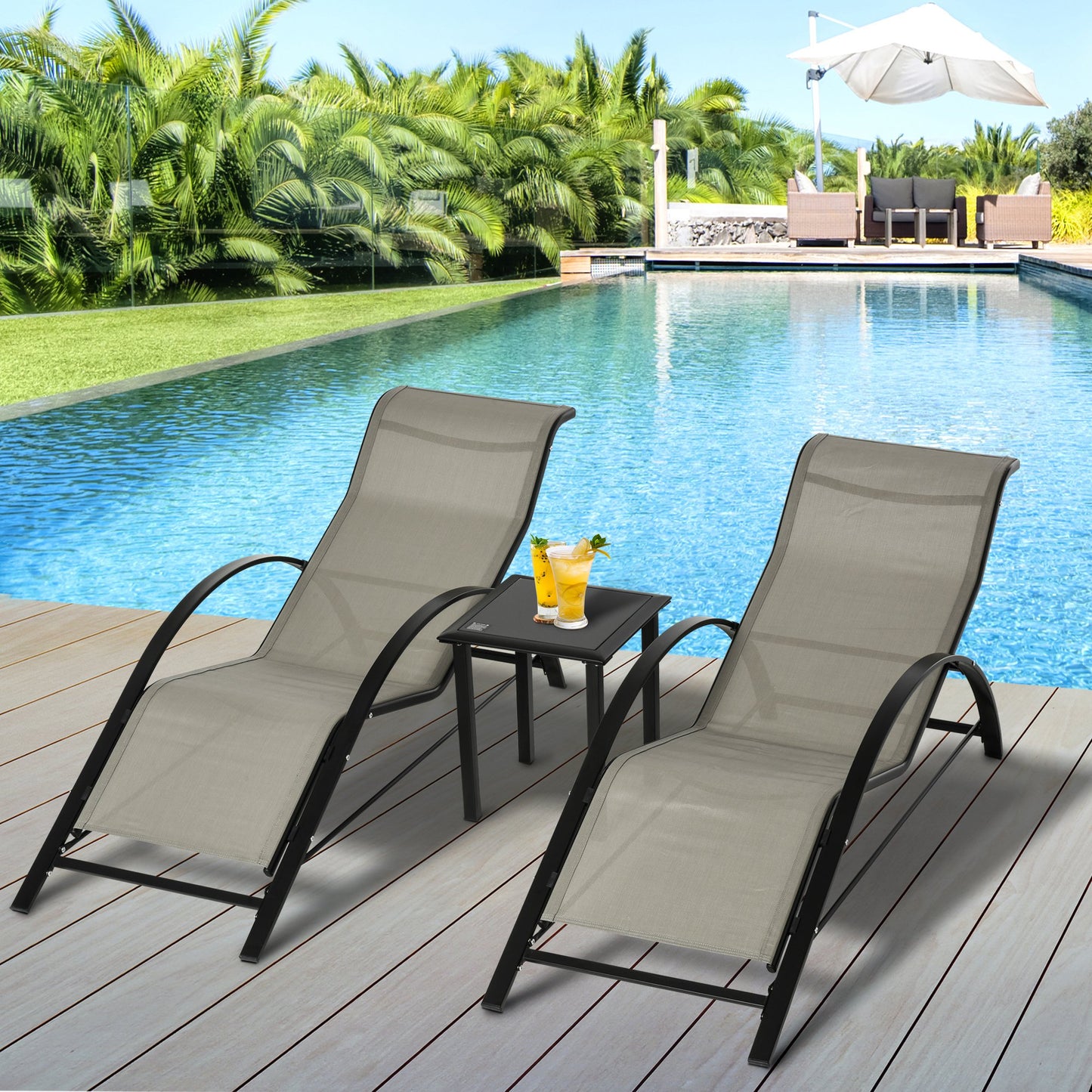 Outsunny 3 Pieces Patio Lounge Chair Set Outdoor Sunbathing Chair with Table for Yard Garden, Grey | Aosom Canada