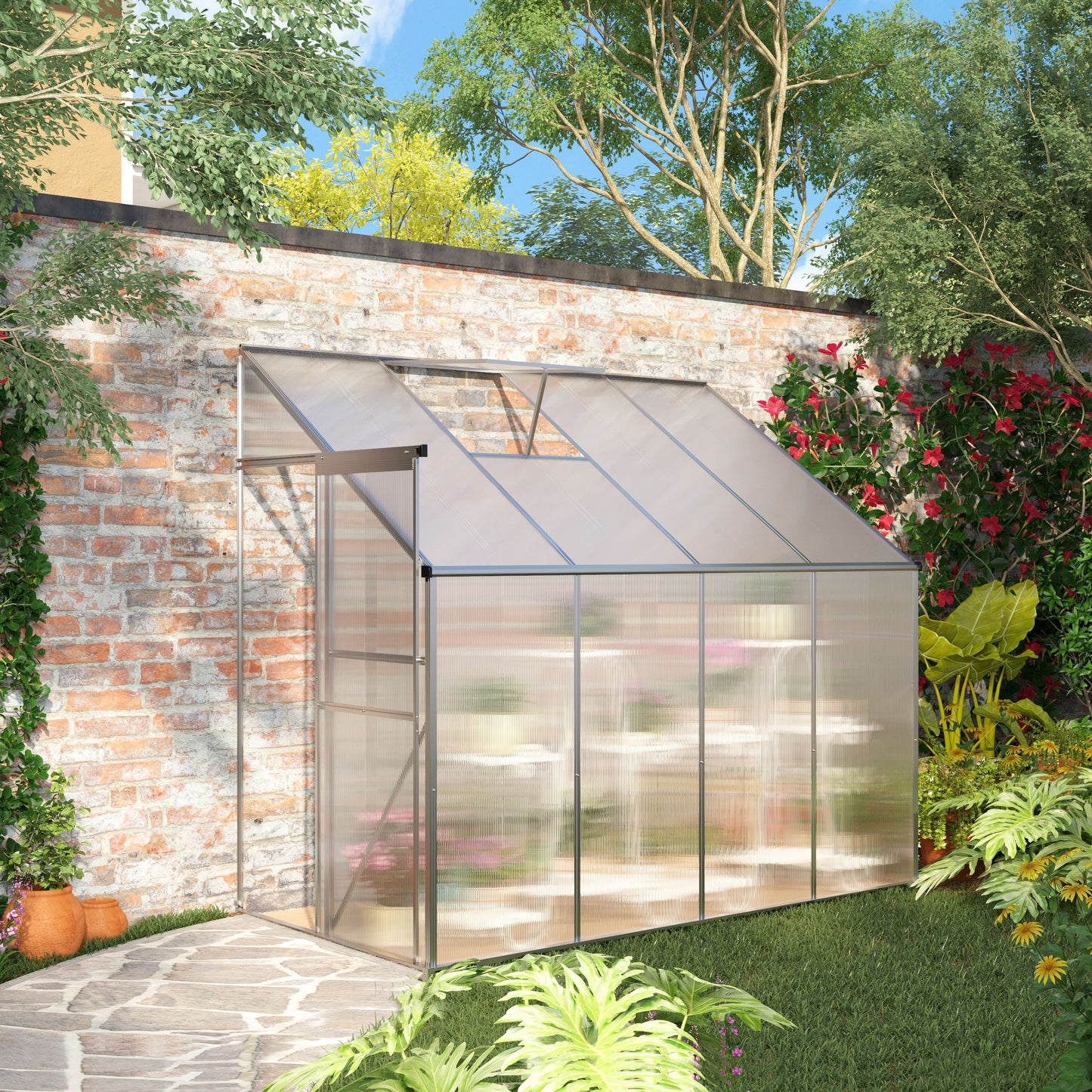 Outsunny Walk-In Garden Greenhouse Aluminum Polycarbonate with Roof Vent for Plants Herbs Vegetables 8.3' x 4.2' x 7.2' Silver | Aosom Canada