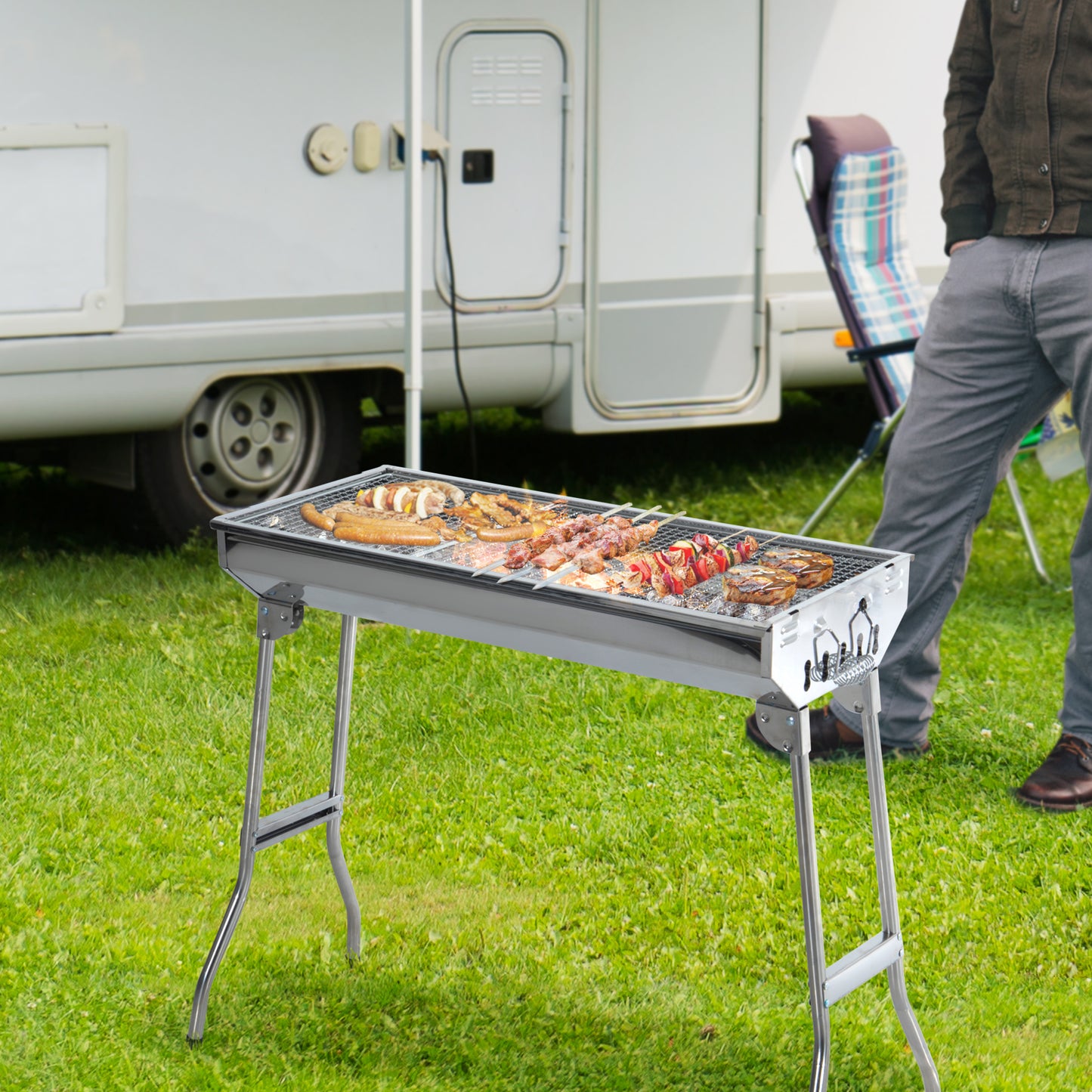 Outsunny 28.75" Portable Bbq Stand Folding Stainless Steel Charcoal Bbq Grill Outdoor Barbecue Smoker For Camping Backyard Cooking | Aosom Canada