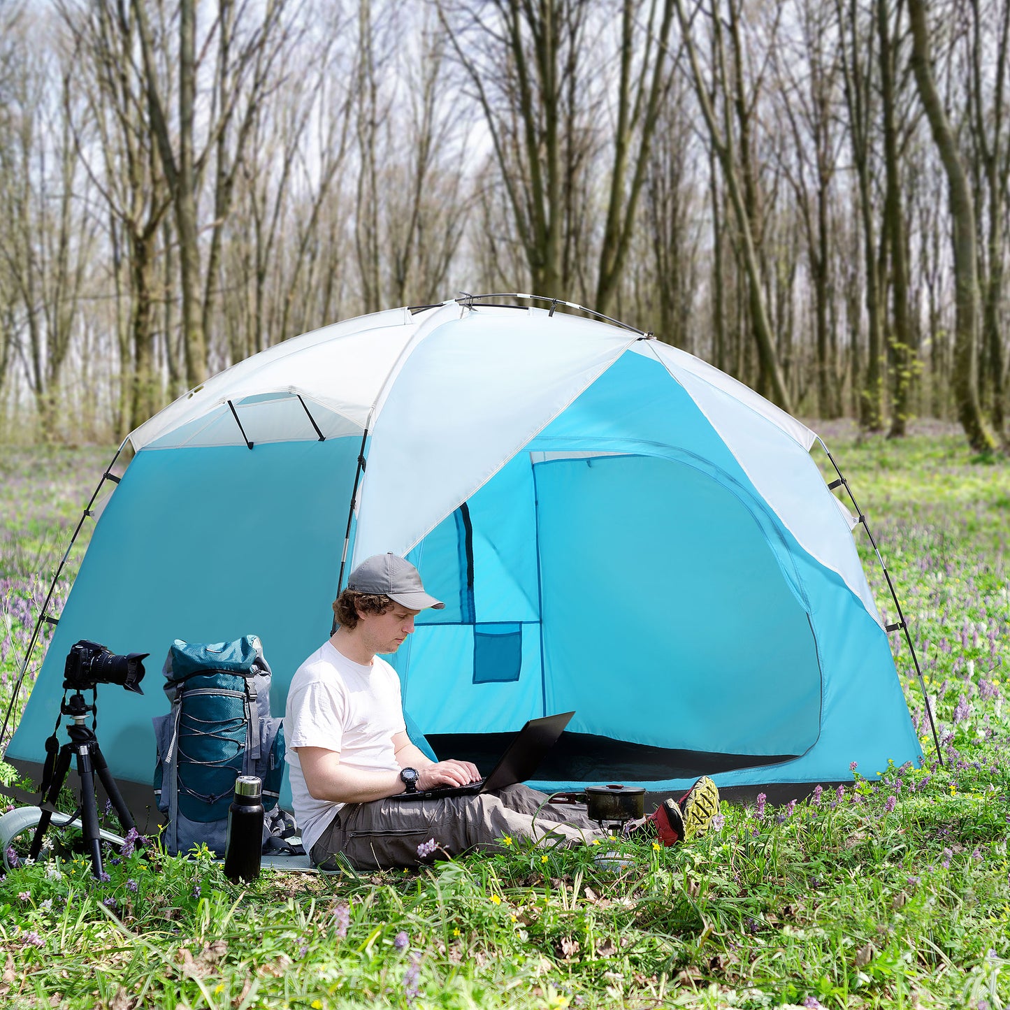 Outsunny 4 Person Camping Tent with Door Windows Backpacking Tent for Family Hiking Travel Hunting Picnic Blue and Grey | Aosom Canada