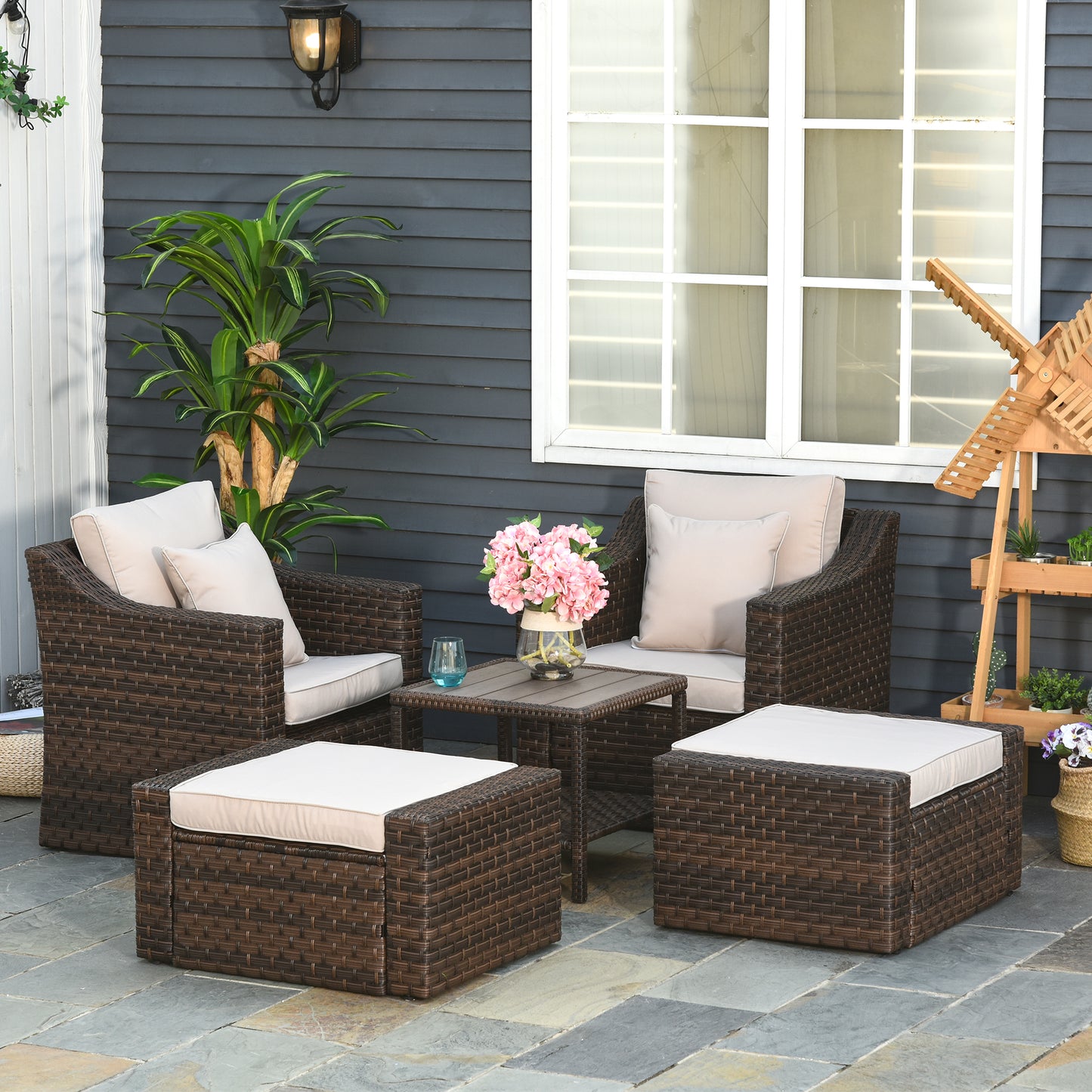 Outsunny 5-Piece Patio Rattan Wicker Conversation Set Outdoor Furniture with 2 Cushioned Armchair, 2 Ottomans and Coffee Table, Beige | Aosom Canada