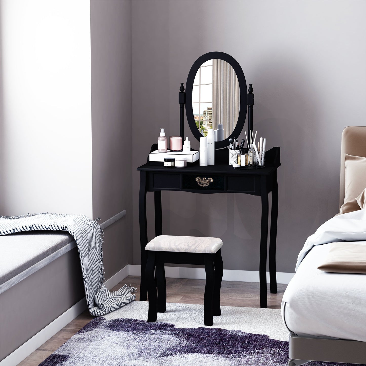 HOMCOM Makeup Desk Vanity Table Set Stool Mirror W/Drawers Wooden Furniture Bedroom | Aosom Canada