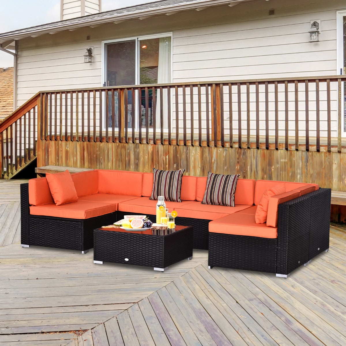 Outsunny 7 Pieces Outdoor Rattan Furniture Set, Patio Wicker Sectional Conversation Sofa Set, Orange | Aosom Canada