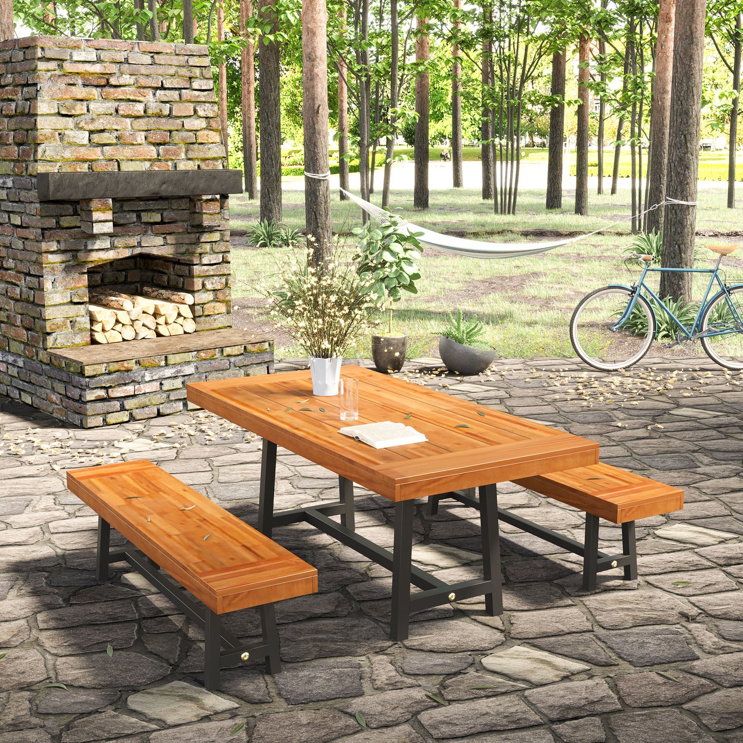 Outsunny 71'' Outdoor Picnic Table and Bench Set, Rustic Acacia Wood Beer Table Set for Patio, Backyard, Poolside, Natural Red Wood | Aosom Canada