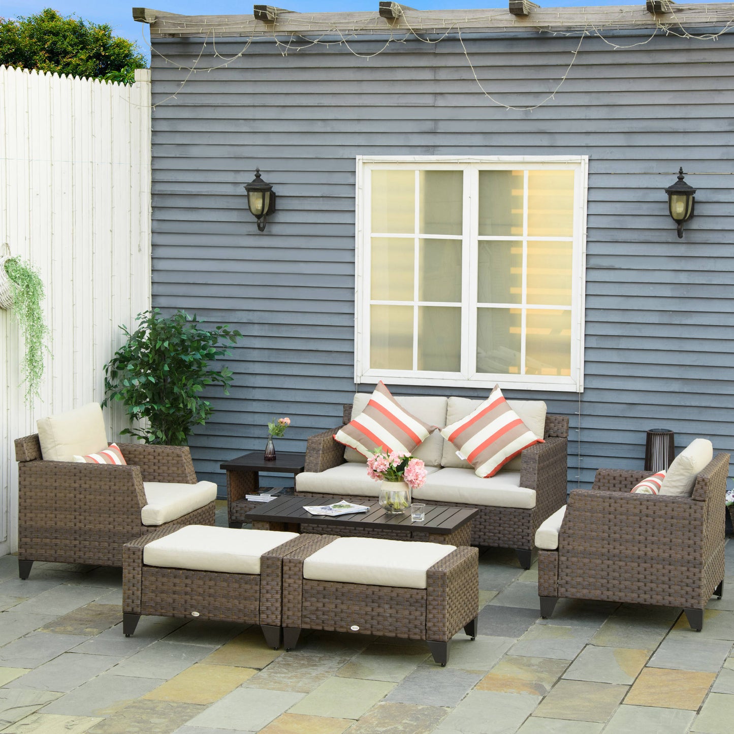Outsunny 8 Pieces Patio Wicker Sofa Set w/ Aluminum Plate Top Table, Side Table & Cushion for Garden, Backyard, Beige | Aosom Canada