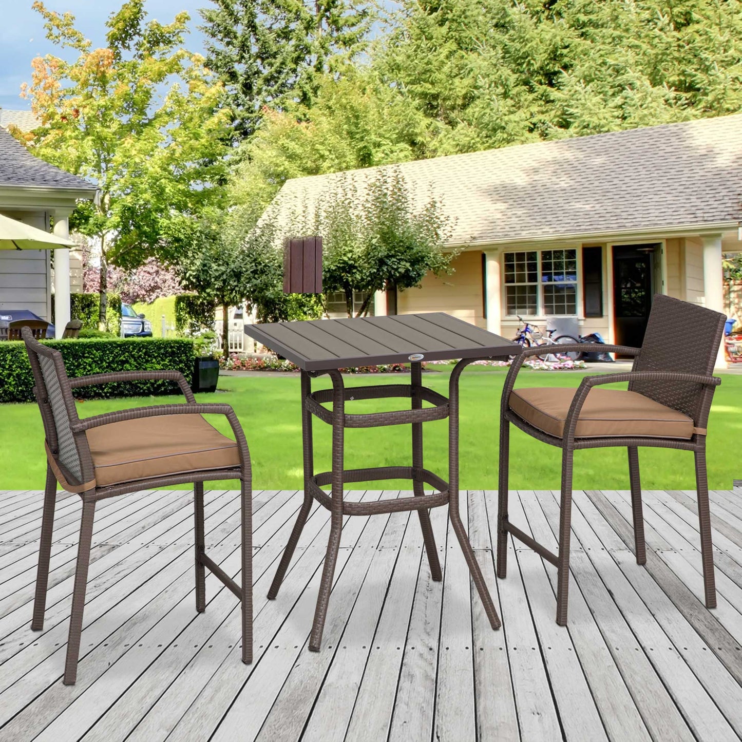 Outsunny 3pc Outdoor Wicker Bistro Bar Set Garden PE Rattan Bar Table and Stools with Seat Cushion, Brown, Khaki | Aosom Canada