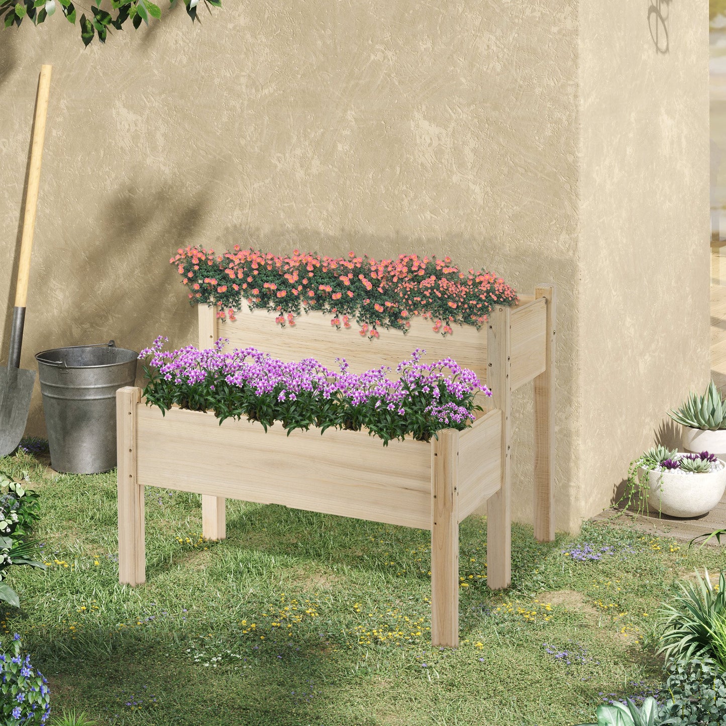Outsunny 34"x34"x28" 2-Tier Raised Garden Bed Wooden Planter Box for Backyard, Patio to Grow Vegetables, Herbs, and Flowers | Aosom Canada