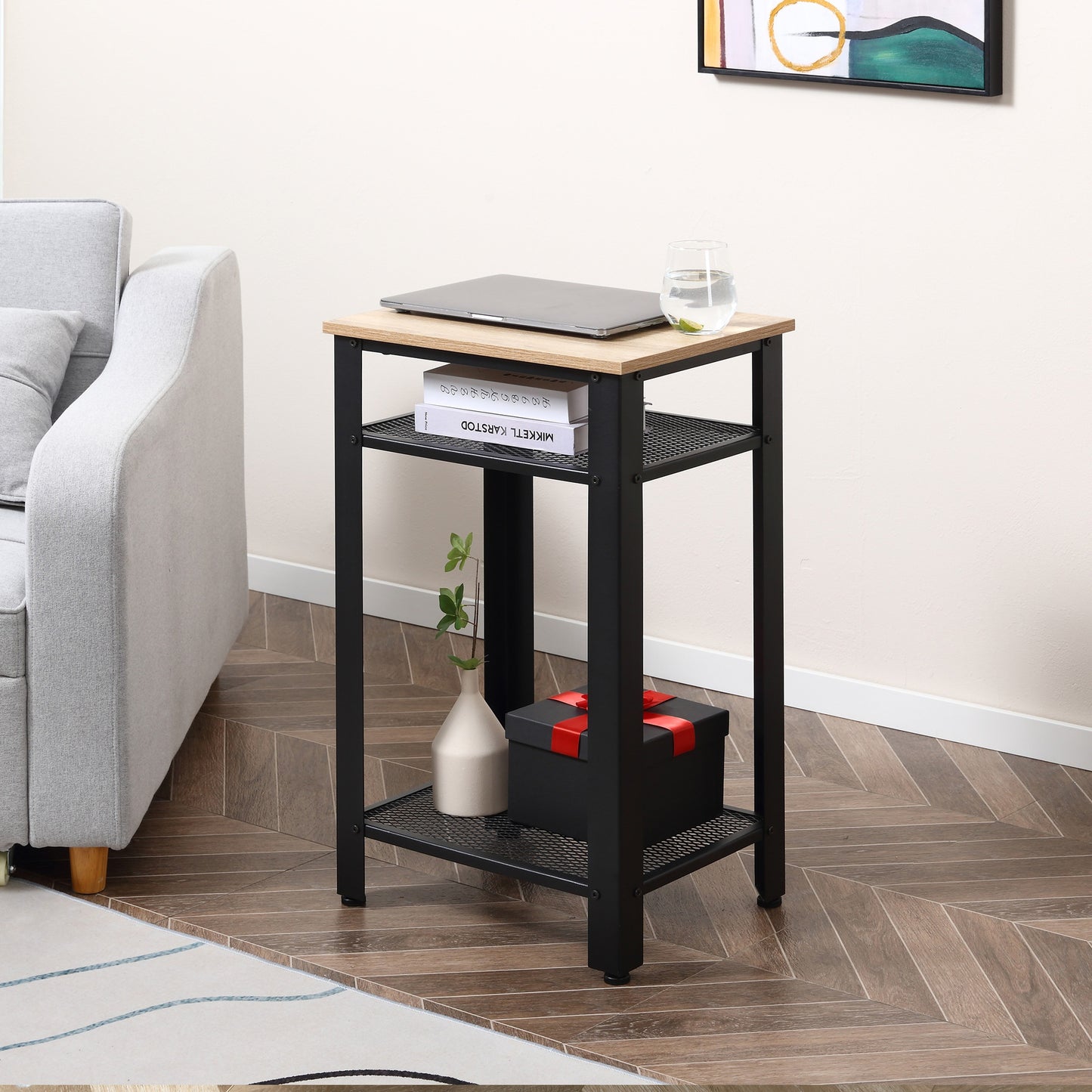 HOMCOM Modern Side Table with 2 Storage Shelves Bedside End Table Nightstand, Accent Furniture for Living Room, Bedroom, Oak | Aosom Canada