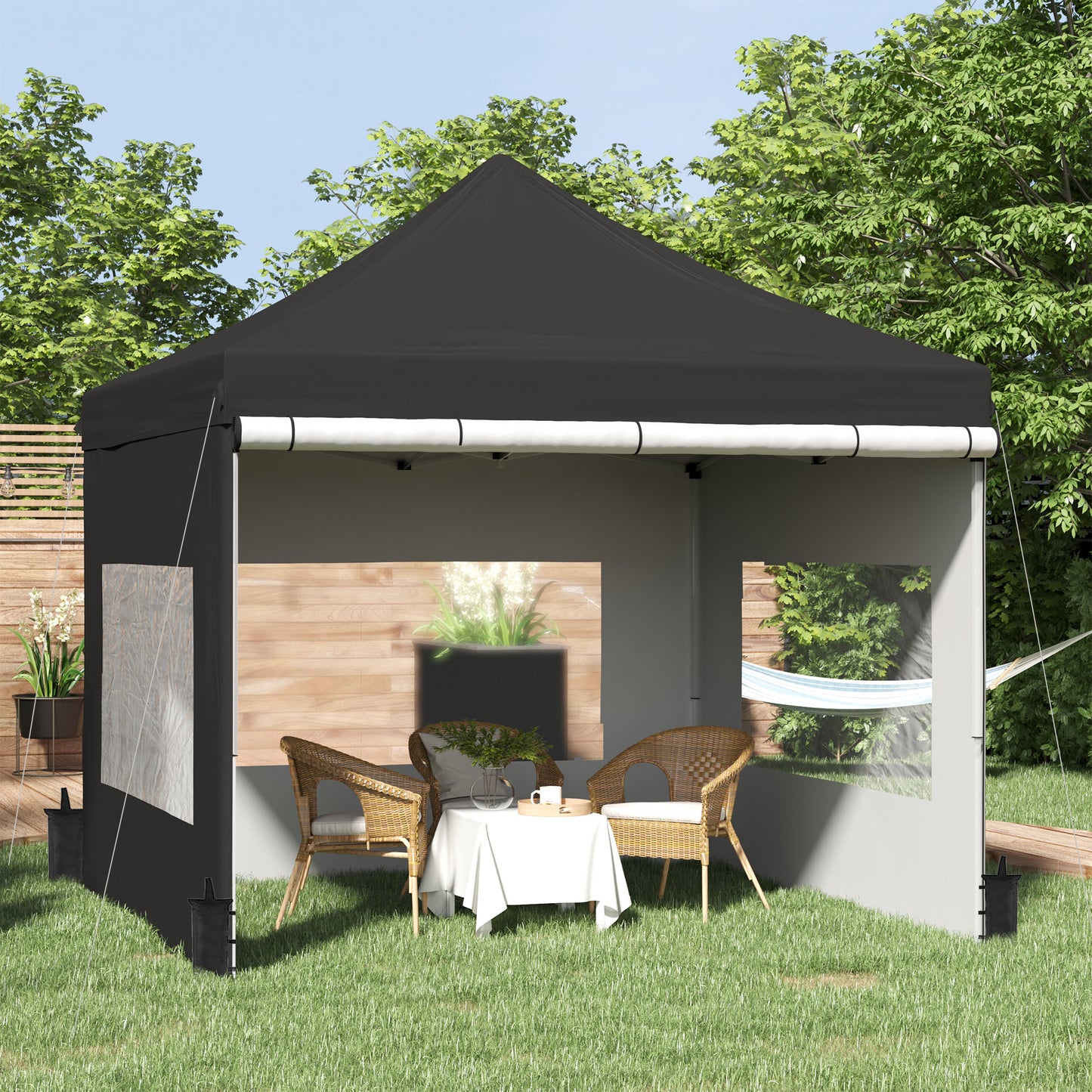 Outsunny 10' x 10' Pop Up Canopy Tent Folding Instant Shelter Gazebo with Sidewalls, 4 Windows, 4 Sand Weights Bags, Black | Aosom Canada